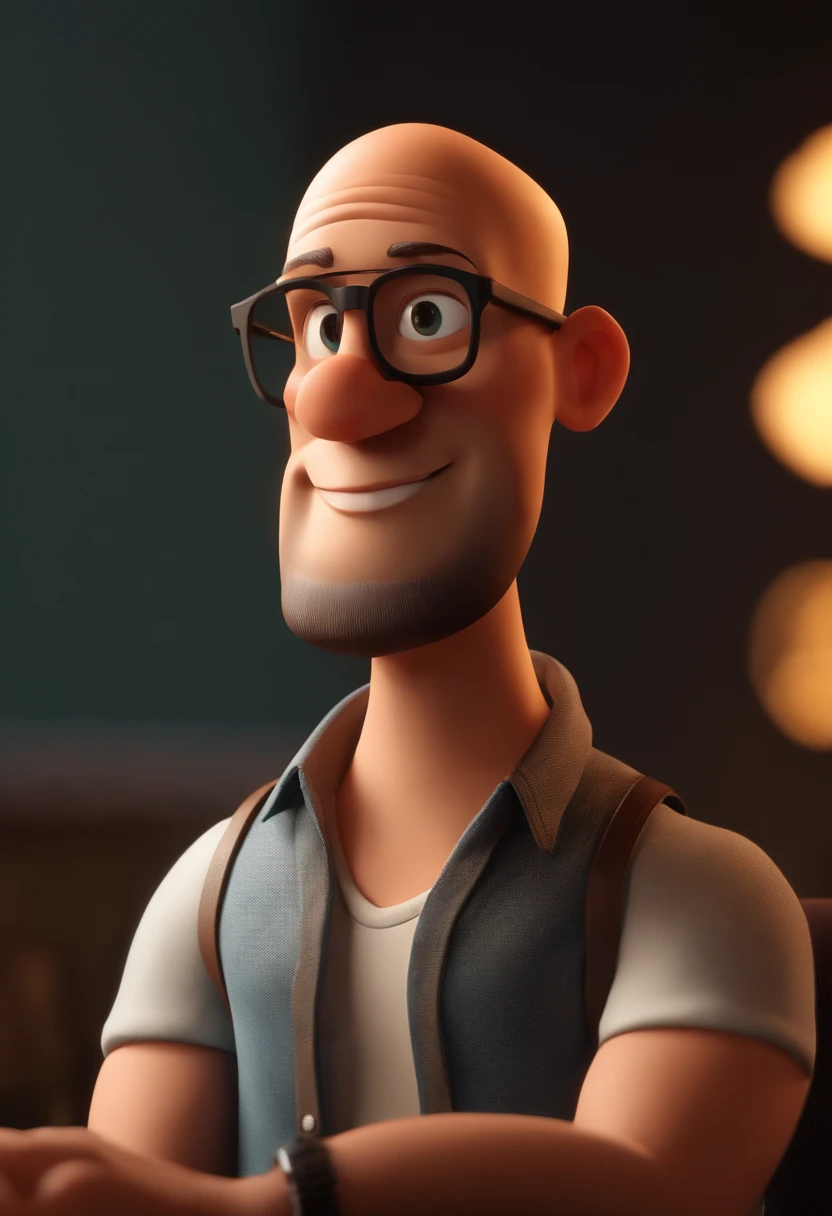 Personagem de desenho animado de um homem com pele escura, rechonchudo, Shaved head and big beard Vin Diesel style, Black glasses and floral t-shirt, working in a computer office. animation character, Caractere estilizado, animation style rendering, 3d estilizado, Arnold Maya renderização, stylized 3d rendering, toon render keyshot, Personagem 3D, Personagem 3D, stylized 3d rendering, 3D character rendering, Personagem dos desenhos animados Toon, close-up do personagem, Pose do personagem, (Estilo Pixar) (master part: 1.2) (Bokeh) (best quality) (pele detalhada) (textura detalhada) (8k) (argila) (clear lighting) (foco nítido)
