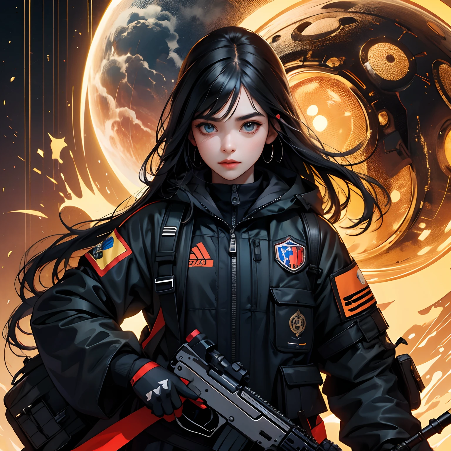 /imagine Menina, master part, best quality, high resolution, 1girl, sozinho, preto_cabelo e fogo , azul_olhos Nein fogo, Pele e rosto detalhados, suit jacket, segurando arma, AK-47, assault rifle pegando fogo , Fuzil Kalashnikov, gatilho_disciplina, Pouco pronto