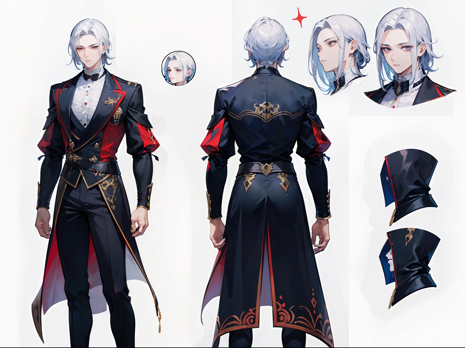 ((Masterpiece, Highest quality)), Male, boy, Detailed face, character design sheet, full bodyesbian, Full of details, frontal body view, back body view, Highly detailed, Depth, Many parts, Muscle boy with white hair,handsome man, vampire outfit clothes, man tall