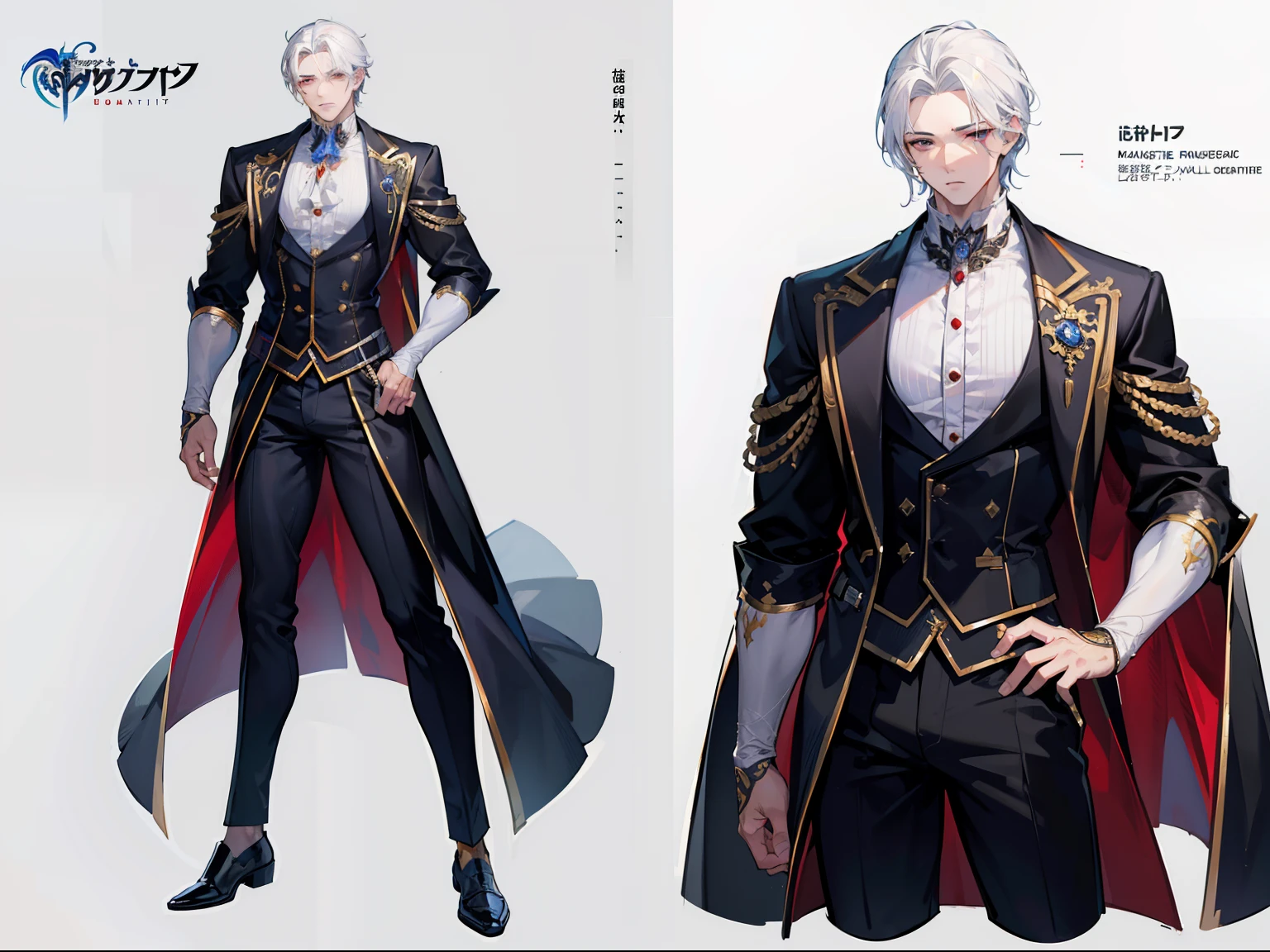 ((Masterpiece, Highest quality)), Male, boy, Detailed face, character design sheet, full bodyesbian, Full of details, frontal body view, back body view, Highly detailed, Depth, Many parts, Muscle boy with white hair,handsome man, vampire outfit clothes, man tall