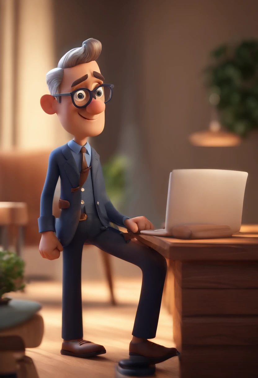 Cartoon character of a man wearing black glasses and a blue shirt, um personagem animado, Caractere estilizado, animation style rendering, 3D estilizado, Arnold Maya render, 3 d render stylized, toon render keyshot, Personagem 3D, Personagem 3D, 3d rendering stylized, 3 d character render, personagem de desenho animado, Personagem de close up, Pose de personagem, (Estilo Pixar) (master part:1.2) (Bokeh) (best quality) (pele detalhada) (textura detalhada) (8k) (argila) (Cinematic lighting) (foco nítido,Senta e vaza a parte superior do corpo