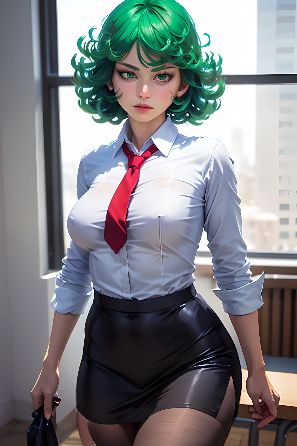 woman with green hair and green wig posing in front of a window, tatsumaki from one punch man, bulma from dragon ball, hyperrealistic schoolgirl, a hyperrealistic schoolgirl, professional cosplay, fubuki, wearing a strict business suit, full-cosplay, izuku midoriya, 2b, 2 b, tatsumaki