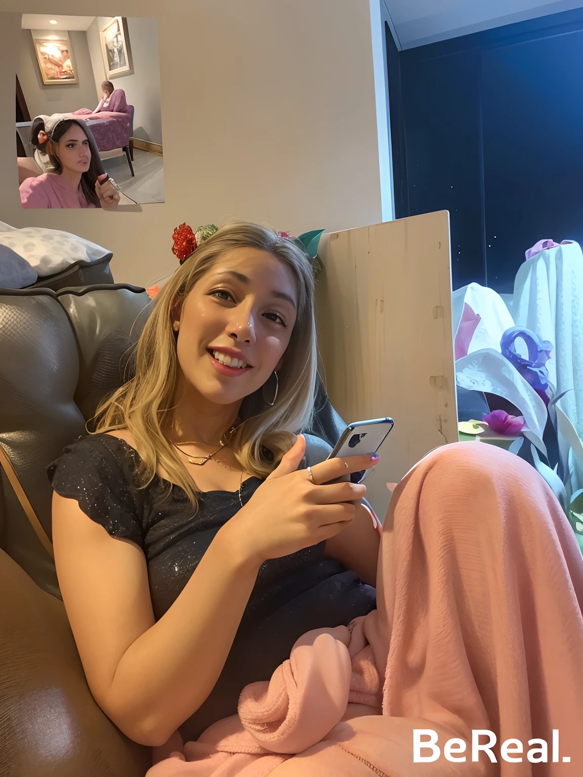 Woman sitting on a sofa holding a mobile phone and smiling, birthday painting, muito bobo olhando, retrato da vida real, imagem de qualidade muito baixa, como uma pintura, foto muito precisa, a pintura ganha vida, pintura realista, Magali Villeneuve e Monet, muito animado, cursed oil painting, Pintura mate 8k, divertindo-se, Pintura realista, imagem da vida real