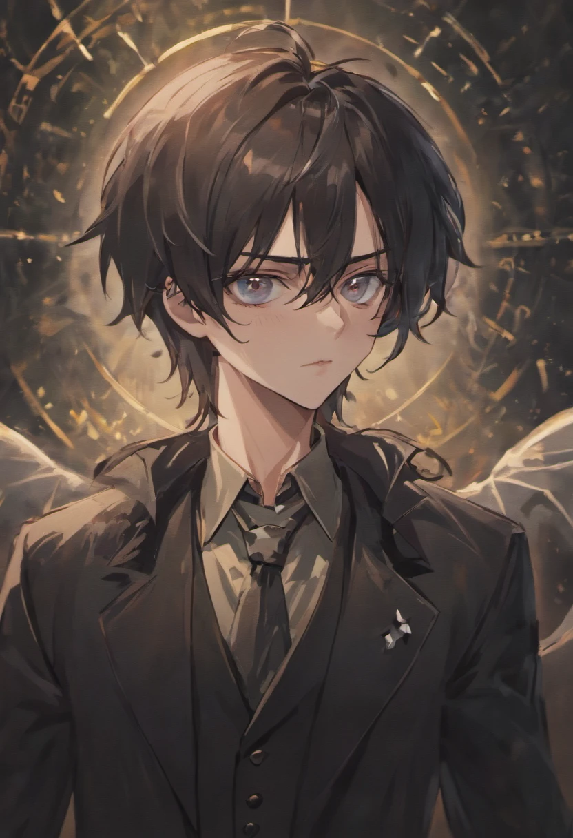 Adult male, pale skin, dark long hair, a sharp and refined set of features, long lashes, and beautiful eyes, vampire, handsome, formal and gothic attire, calm, bishonen, anime style