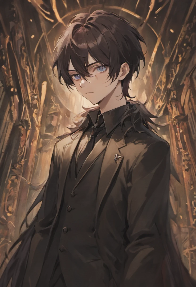 Adult male, pale skin, dark long hair, a sharp and refined set of features, long lashes, and beautiful eyes, vampire, handsome, formal and gothic attire, calm, bishonen, anime style