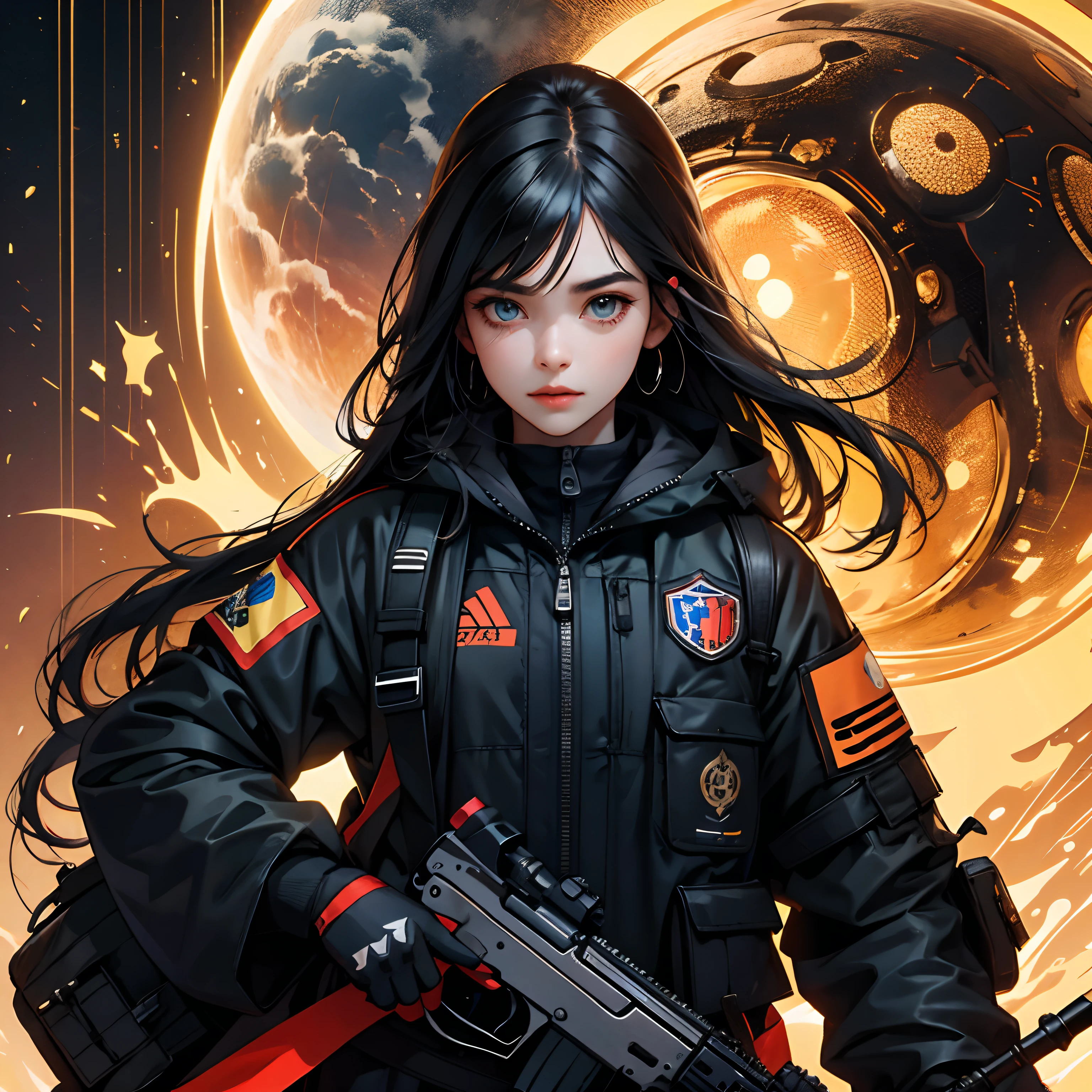 /imagine , master part, best quality, high resolution, 1girl, sozinho, preto_cabelo e fogo , azul_olhos Nein fogo, Pele e rosto detalhados, suit jacket, segurando arma, AK-47, assault rifle pegando fogo , Fuzil Kalashnikov, gatilho_disciplina, Pouco pronto
