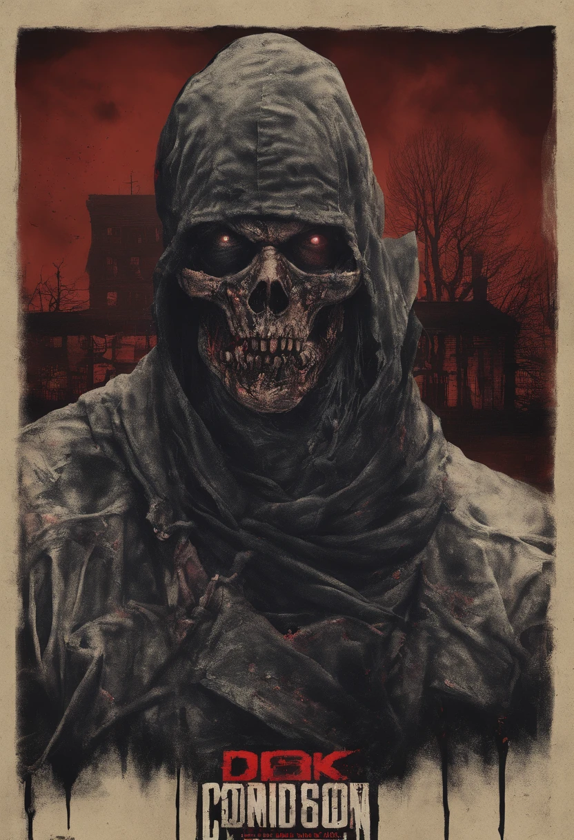 zombie horror poster, tattered overalls, bloodshot eyes, clean teeth, drool, piles of corpses, town covered in blood. (best quality, 4k, highres:1.2), ultra-detailed, (realistic:1.37), post-apocalyptic, gritty, dark color palette, atmospheric lighting.