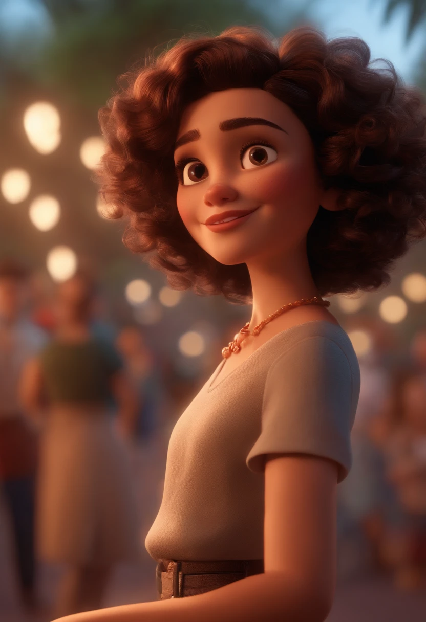 Pixar style image with 3D character white glasses brunette woman short curly hair dancing, Maquiagem Disney,Pescador, bonitinho, sorridente ,Close-up, Pixar, Disney, Cinema lighting,