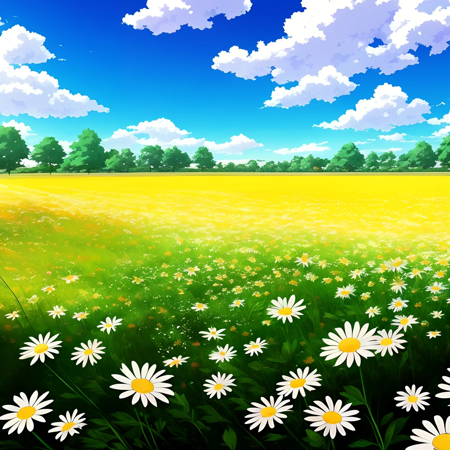 anime scenery of a field of daisies with a blue sky and clouds, anime beautiful peace scene, anime background art, anime background, beautiful anime scenery, anime countryside landscape, flower field, beautiful anime scene, field of flowers background, colorful anime movie background, anime movie background, anime landscape wallpaper, anime nature, field of fantasy flowers, an aesthetic field of flowers