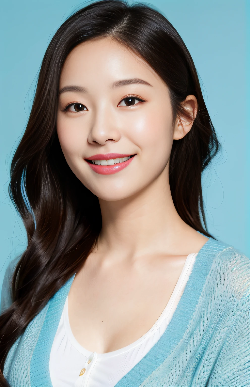 Best quality,masterpiece,ultra high res,(photorealistic:1.4),1girl, fall cardigan, in studio, pastel blue background, gentle smile