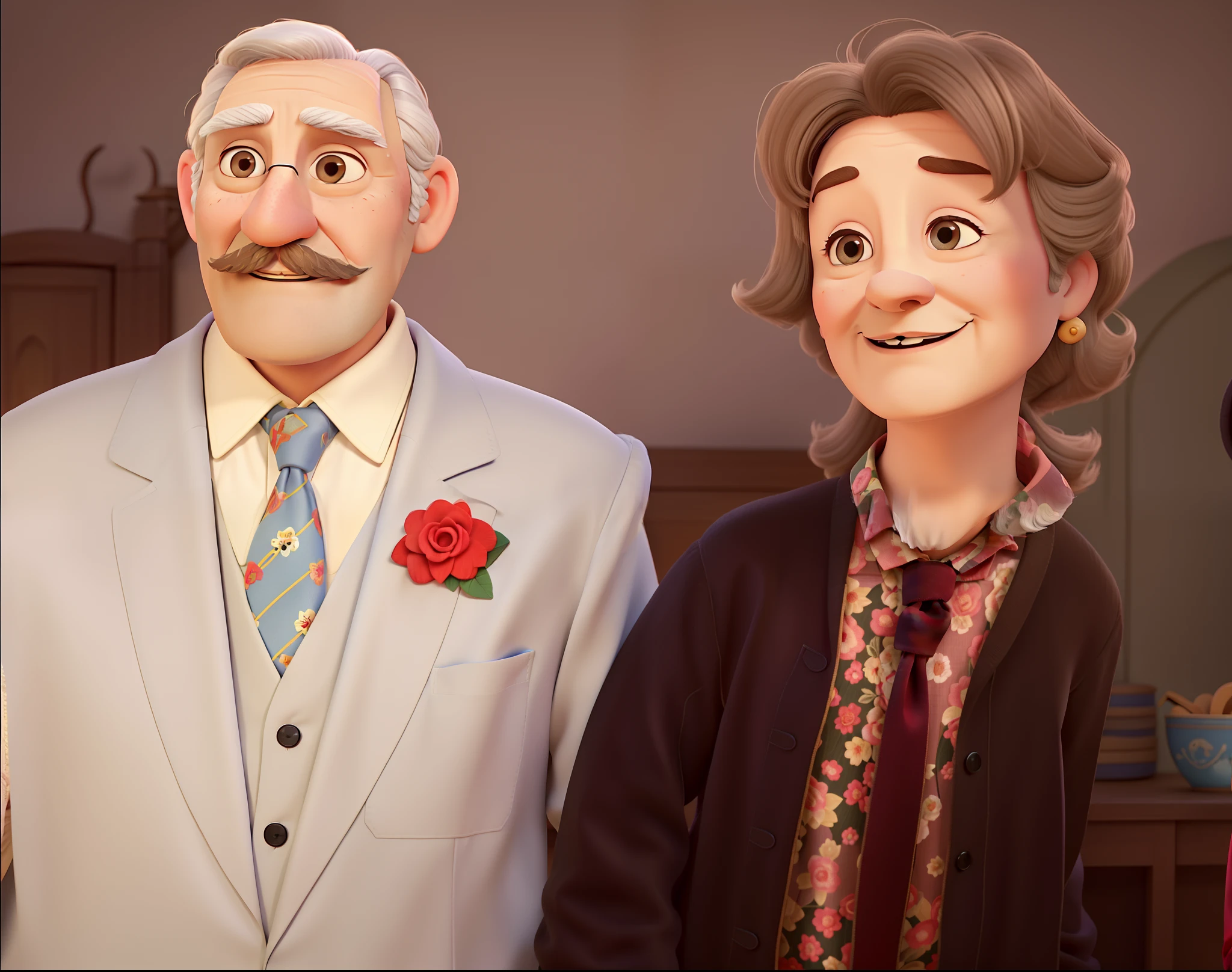 Casal (Grandma and Grandpa) Grandpa has a mustache and Grandma eyes truths and dark blonde hair in Disney Pixar style, alta qualidade, melhor qualidade.