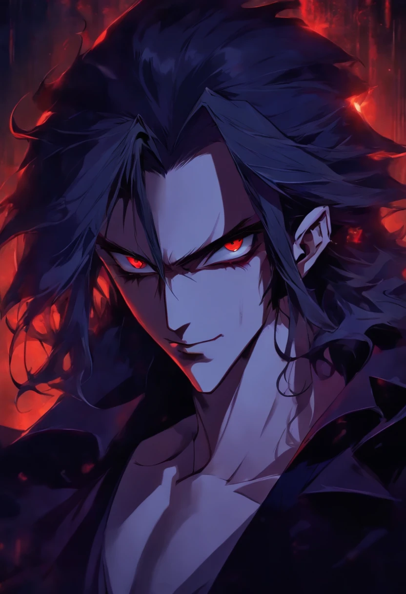 "Stunningly detailed anime sketch of a solo ((muscular)) male demon. he exudes maturity and has striking red horns. Dressed in demonic fantasy clothes, including a black and red demonic aura and a black cape, he resembles a dark king."
