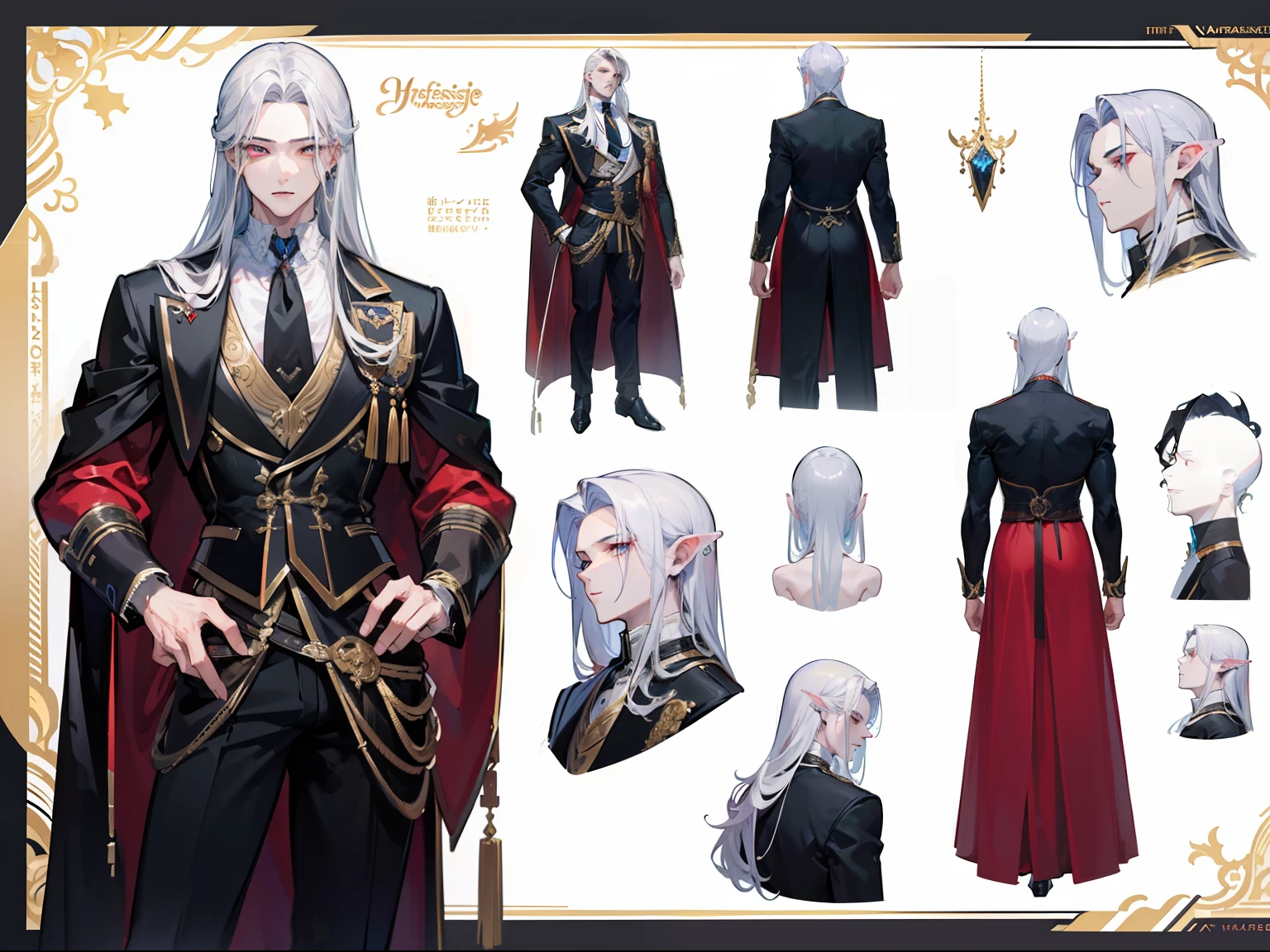 ((Masterpiece, Highest quality)), Male, boy, Detailed face, character design sheet， full bodyesbian, Full of details, frontal body view, back body view, Highly detailed, Depth, Many parts, Muscle boy with white long hair，handsome man, vampire outfit clothes, man tall