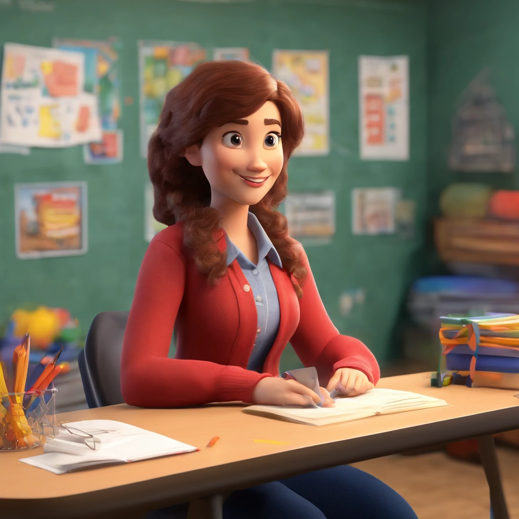 Create a 3d pixar-style poster of a CCAA Teacher. She is 24 years old, has long brown curly hair. She is wearing a red blouse and a dark blue vest. She's teaching a small group of 4-year olds