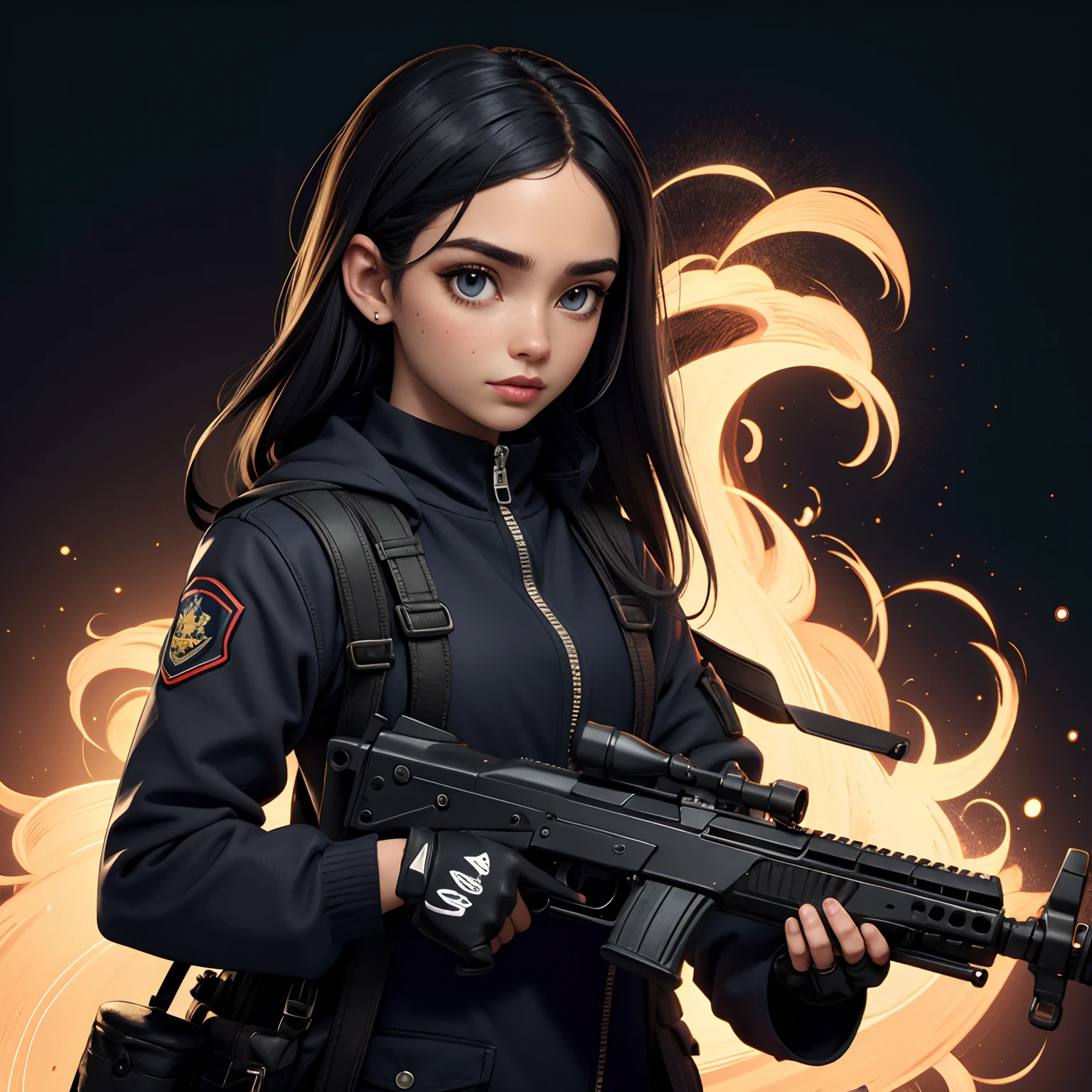 /imagine Menina, master part, best quality, high resolution, 1girl, sozinho, preto_cabelo e fogo , azul_olhos Nein fogo, Pele e rosto detalhados, suit jacket, segurando arma, AK-47, assault rifle pegando fogo , Fuzil Kalashnikov, gatilho_disciplina, Pouco pronto