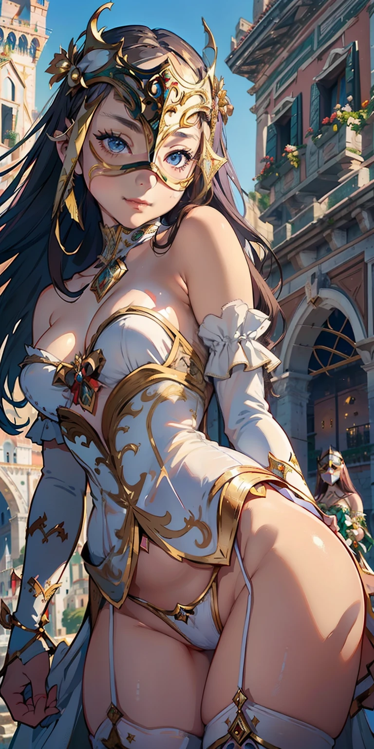realisticlying、natta、Face Real、、、(Emphasis on the thighs)、(Super close-up from below)Medieval Italy((Wearing the Venetian Mikloy((Masquerade))、Wearing a tight-fitting white dress、Ancient castles in Italy、sexy pose、Face smile