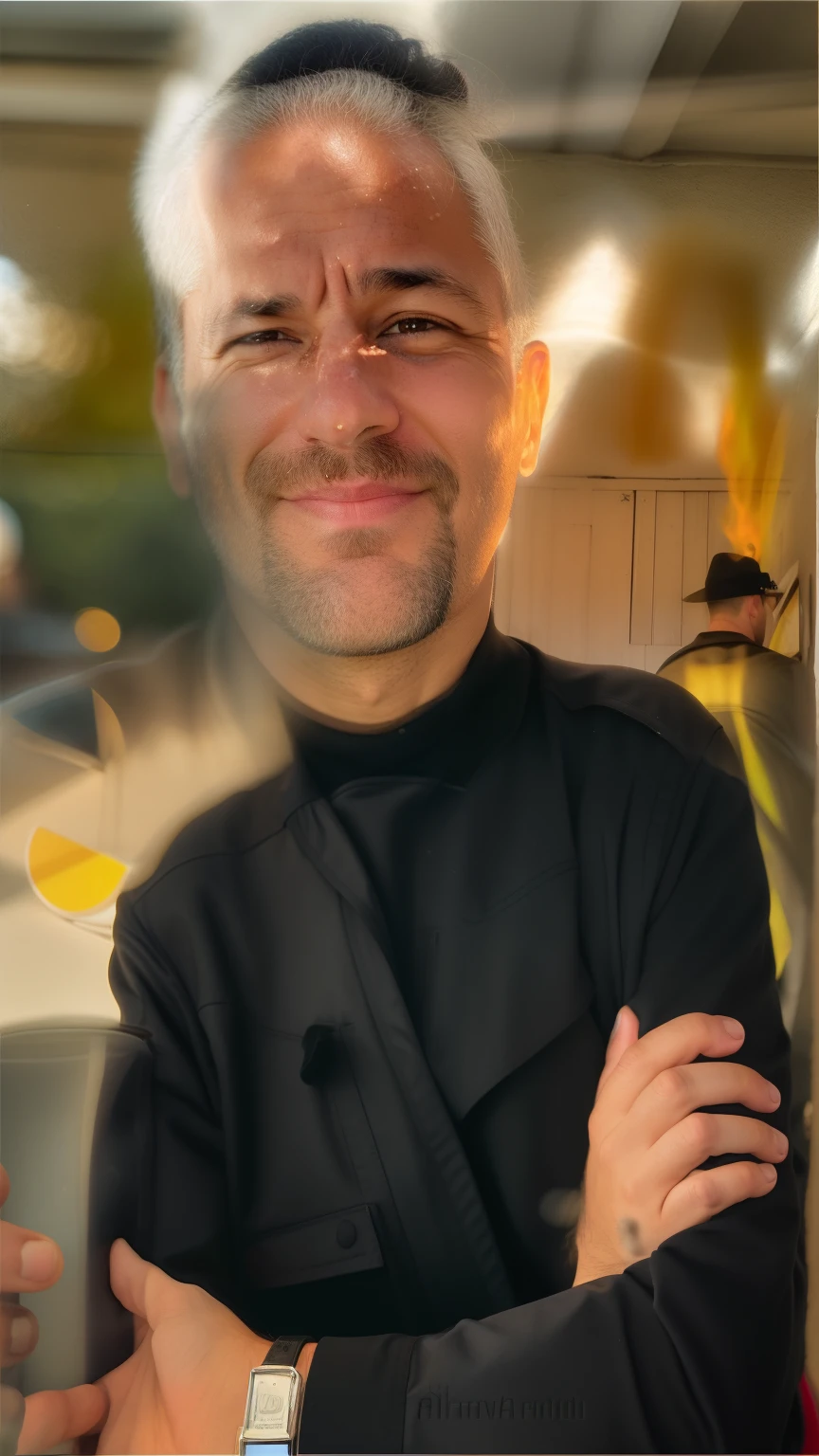 Arafed man wearing a white hat and a black jacket, barbeado limpo!!!!, david rios ferreira, andres rios, me, foto do perfil, barbeado limpo!, selfie de um homem, barbeado limpo, luiz escanuela, inspired by Antônio Parreiras, rosto raspado limpo, Me ajuda, Looking towards the camera