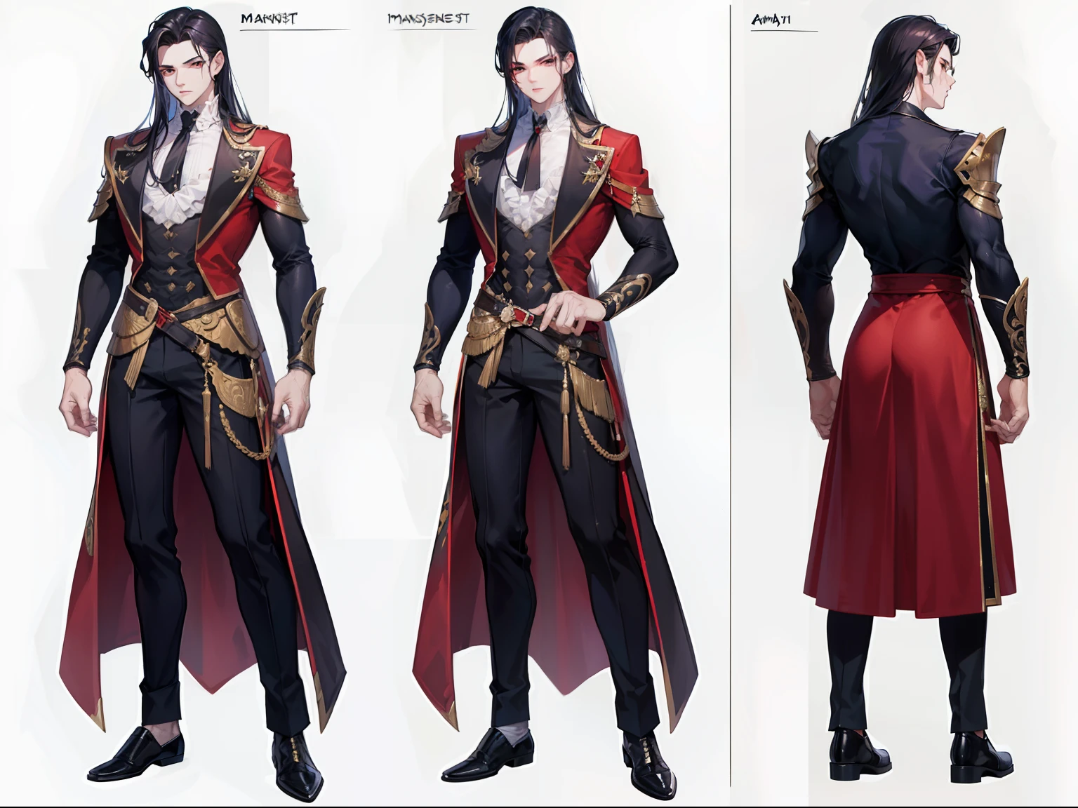 ((Masterpiece, Highest quality)), Male, boy, Detailed face, character design sheet， full bodyesbian, Full of details, frontal body view, back body view, Highly detailed, Depth, Many parts, Muscle boy with white long hair，handsome man, vampire outfit clothes, man tall