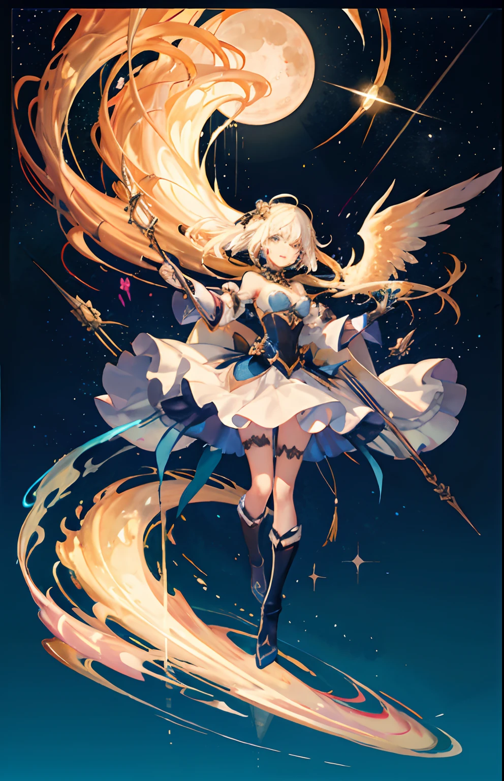 ((magical little girl)), ((Gorgeous starry sky background)), ((ultra-definition)), ((Best Illustration)), ((cinematlic lighting)), dynamic ungle, floating, Filigree,（（Mechanical armor of the upper arm subordinate、Mechanical armor below the thigh））、 (Glitter:1.2 )、(brilliance:1.2)、(brilliance:1.2)、Classic、(painted:1.1)、(Sketched:1.1)、(top-quality)、(​masterpiece:1.2)、(Anime style)、(独奏)、Beautiful Detail Face、(cute  face:1.3)、(big eye:1.3)、Colorful hair with gold base、(length hair:1.2)、(Floating hair:1.2)、(Magical Girl Costumes)、detailed costume、(Shining wand:1.3)、(Magic Effects:1.3)、(flowing skirt:1.2)、(Cute boots:1.1)、(Transparent substrate:1.1)、(shimmer:1.2)、(Glow:1.2)、(brilliance:1.2)、(flickering:1.2) , (Glare:1.2)、