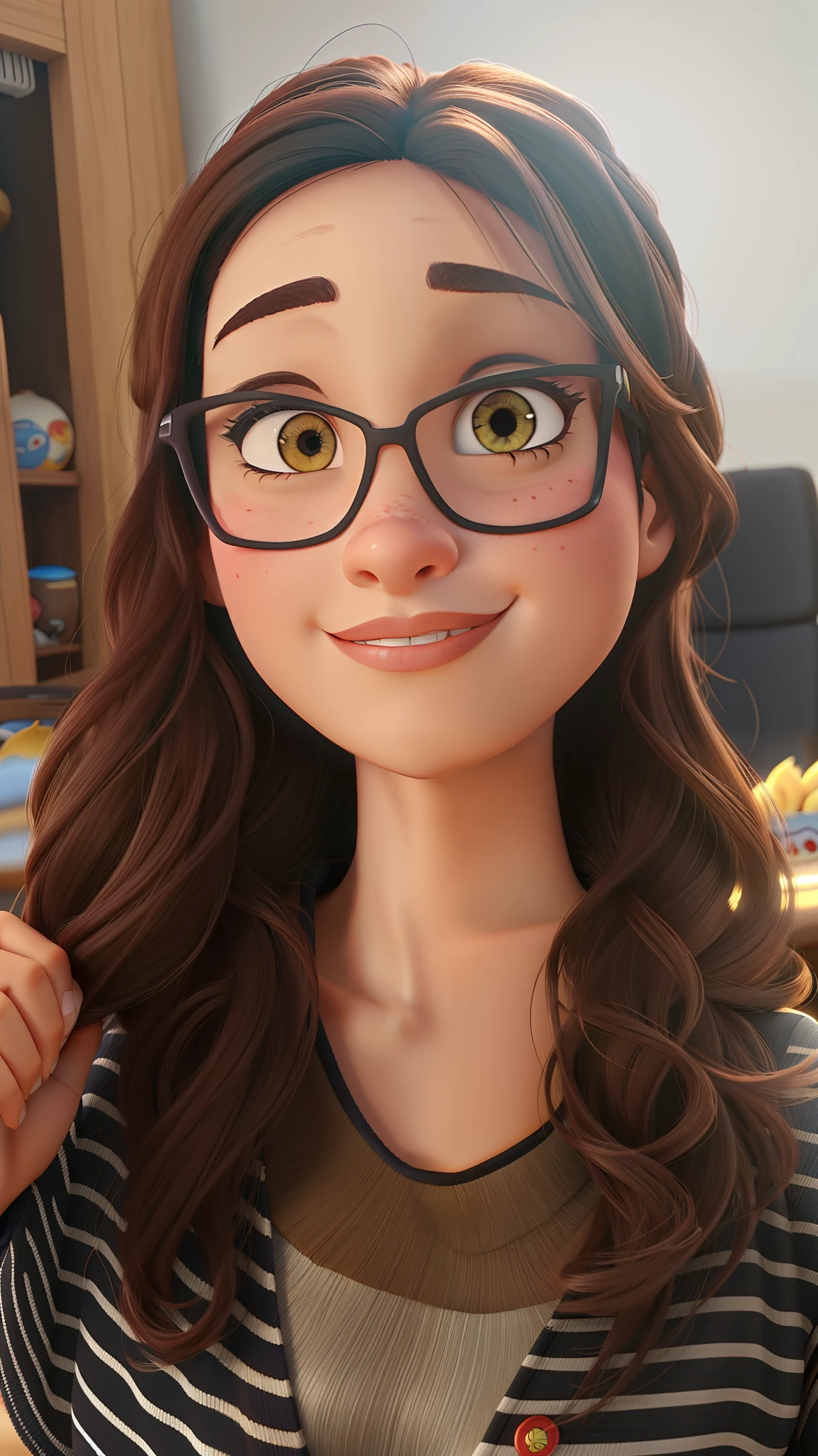 Uma mulher morena , olhos castanhos, estilo Disney Pixar, alta qualidade