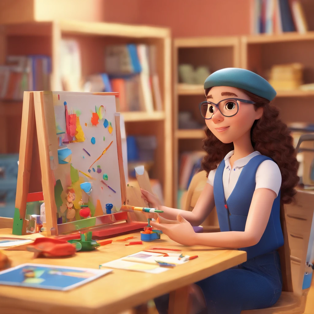 Create a 3d pixar-style poster of a CCAA Teacher. She is 24 years old, has long brown curly hair. She is wearing a red blouse and a dark blue vest. She's teaching a small group of 4-year olds. They are painting and she is helping them.