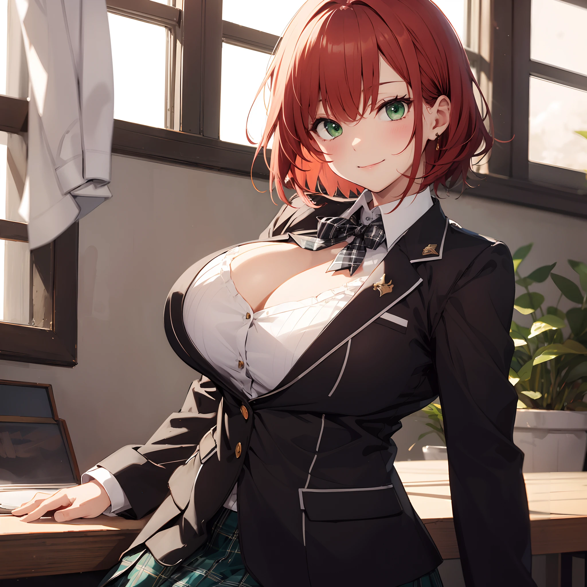 red short hair,Green eyes,Black Blazer School Uniform,Ribbon at chest,Plaid skirt,Girl with big breasts,A slight smil,Light background by the window,