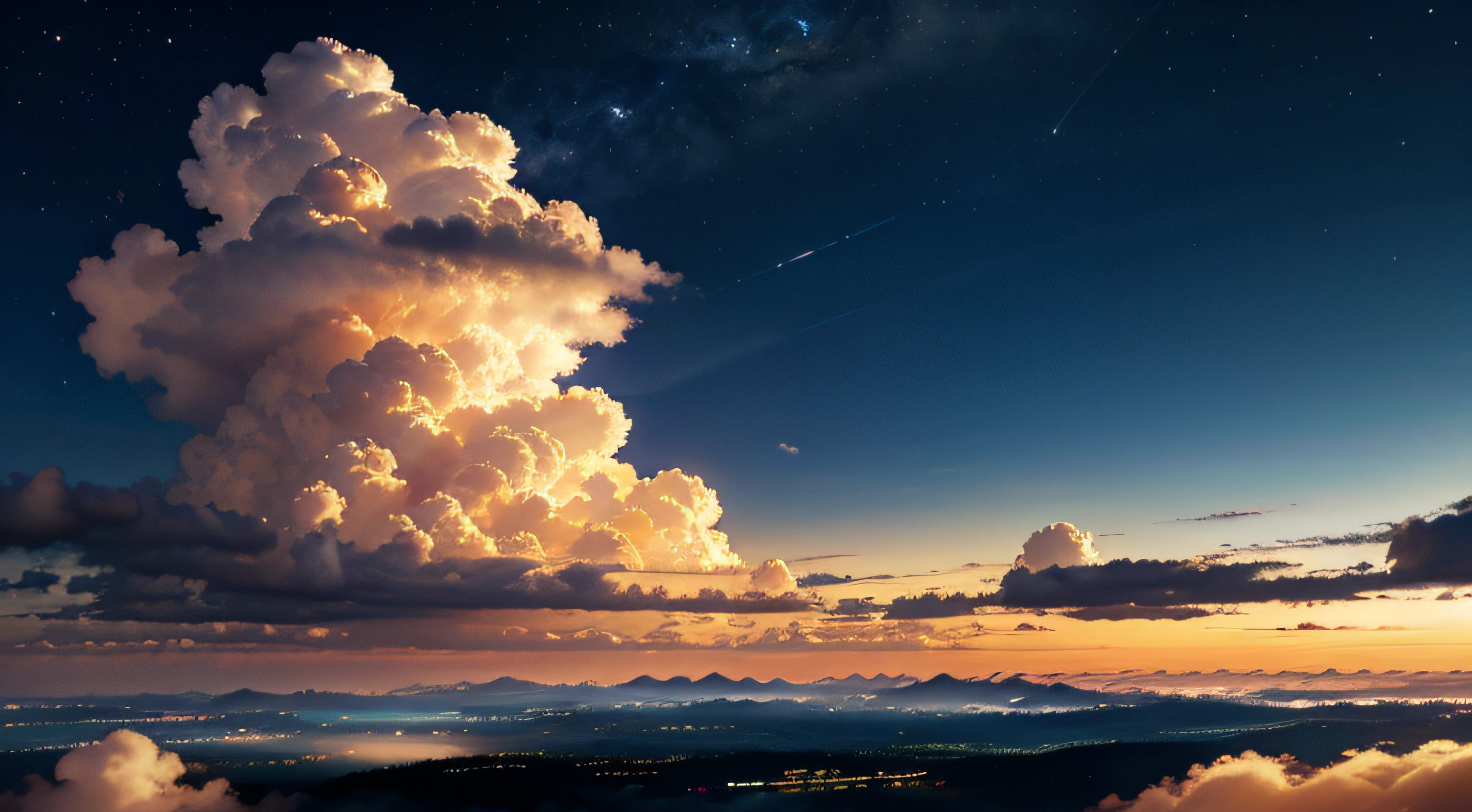 an fantasy calm anime wallpaper showing a clear sky with a few clouds at night