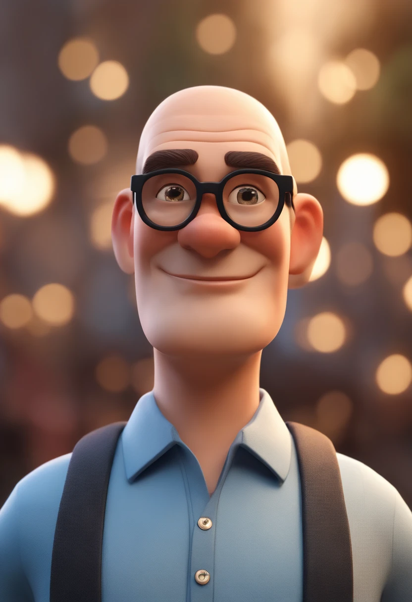 Cartoon character of a man wearing black glasses and a blue shirt, um personagem animado, Caractere estilizado, animation style rendering, 3D estilizado, Arnold Maya render, 3 d render stylized, toon render keyshot, Personagem 3D, Personagem 3D, 3d rendering stylized, 3 d character render, personagem de desenho animado, Personagem de close up, Pose de personagem, (Estilo Pixar) (master part:1.2) (Bokeh) (best quality) (pele detalhada) (textura detalhada) (8k) (argila) (Cinematic lighting) (foco nítido,Senta e vaza a parte superior do corpo