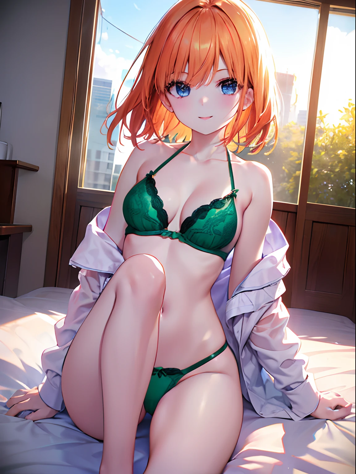 absurderes、Hi-Res、break watch viewer、POV POV Perspective:1.5) BREAK(Vivid Color:1.3) BREAK(one girls:1.3)、(Lori:1.2)、Orange hair color、blue eyess、(Eyes looking up:1.2)、(A smile:1.5)、NM1、Hair Ribbon、(Green lingerie:1.5)、(Slouched:1.4)、 (breasts forcus:1.3)、Opening Mouth、roundly eyes、(blown by the wind:0.5)、gust of wind(the wind:1.2)、Sense of speed、Refreshing breeze、Motion blur effect、The backdrop cutting through the wind is a hotel、(Stand in the center of the screen:1.3)、in a house、Windbreak Daylight、 Spectacular views、light particules、dynamic ungle、Dutch Angle、Perspective Break(during daytime、Sun'rays:1.2)、depth of fields、bokeh dof、light leaks、(chromatic abberation:1.2)、break at noon、Sit up、on the beds、Look sexy、Erotic looks、cover、Seats、Opening legs、frontage、Show your pants、M leg opening、Show me your crotch