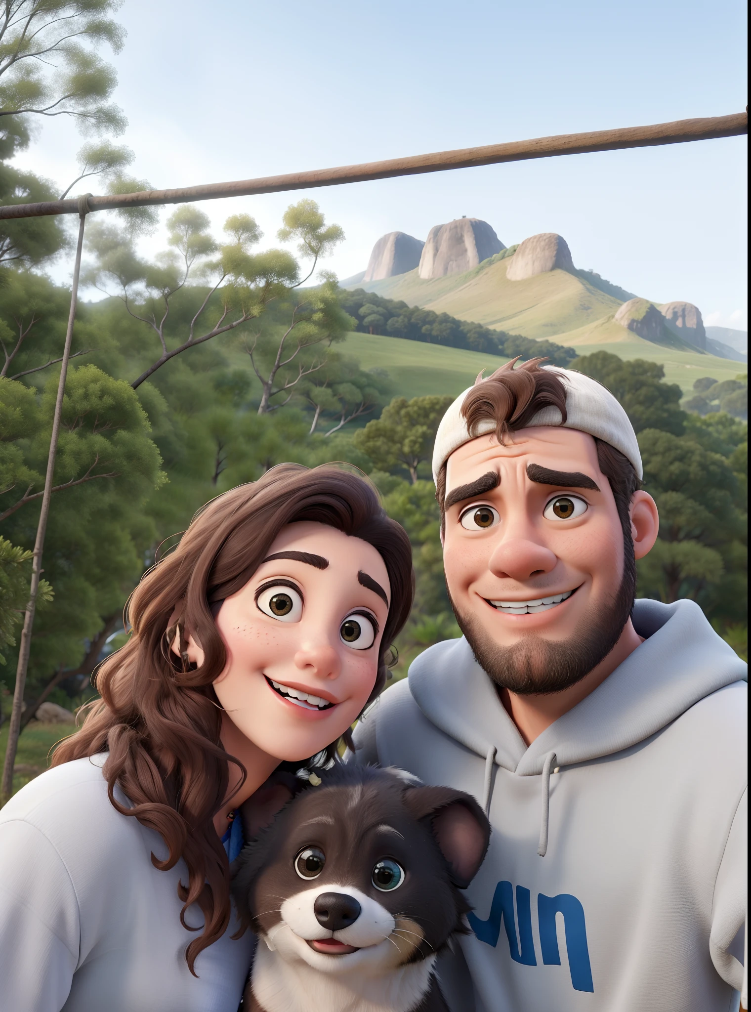 Casal com um shitzu numa ponte na frente de uma montanha