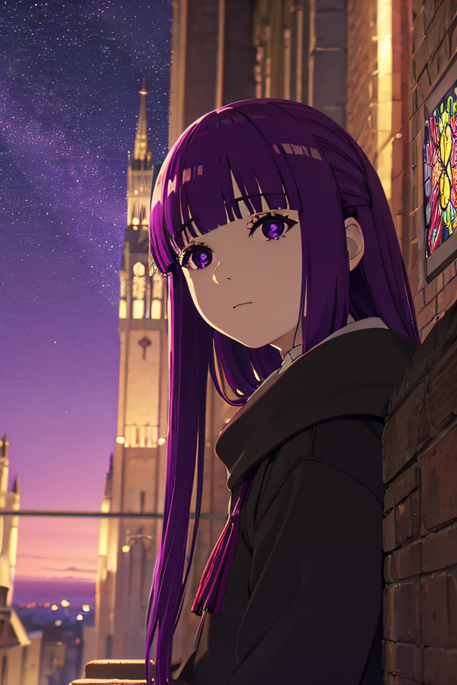 Sitting on a catedral, giant Multicolored stained glass windows on the background, beatiful escene, canddles, 1girl, particles, 4k, HD, portrait, panoramic take, beatyful eyes and face, purple hair, purple eyes, intrincated