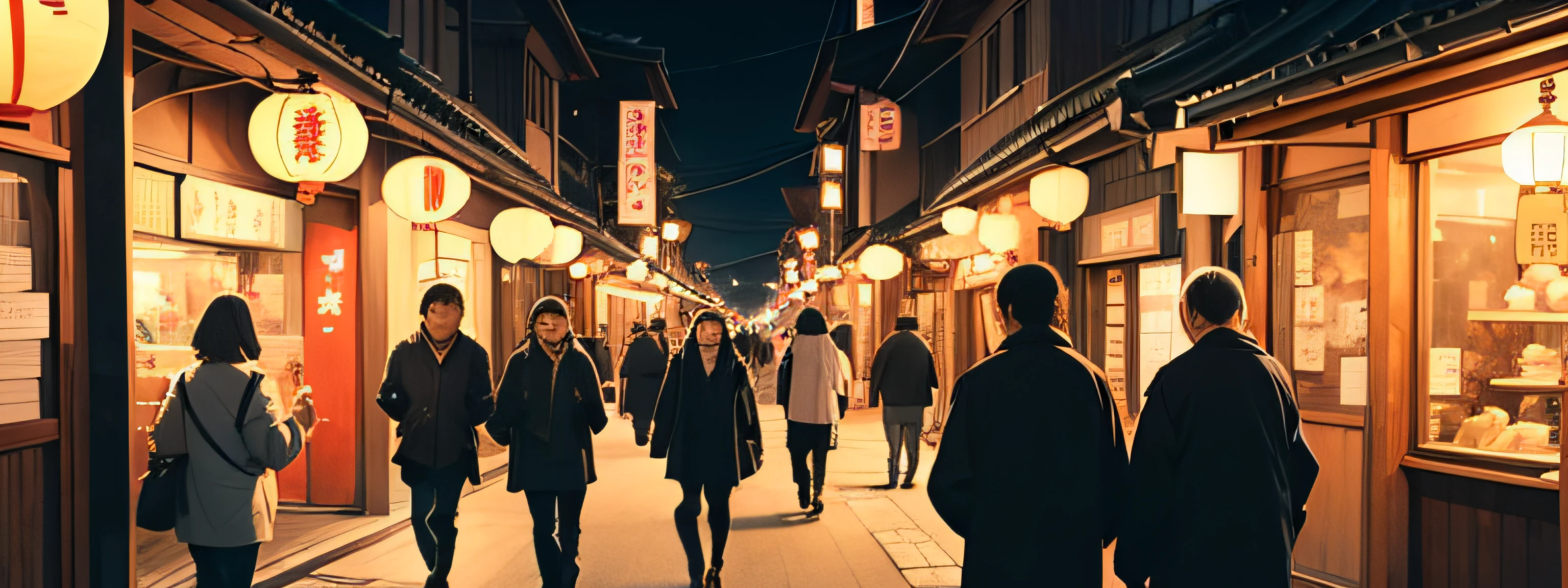 People walking in the streets of a traditional Japanese town at night