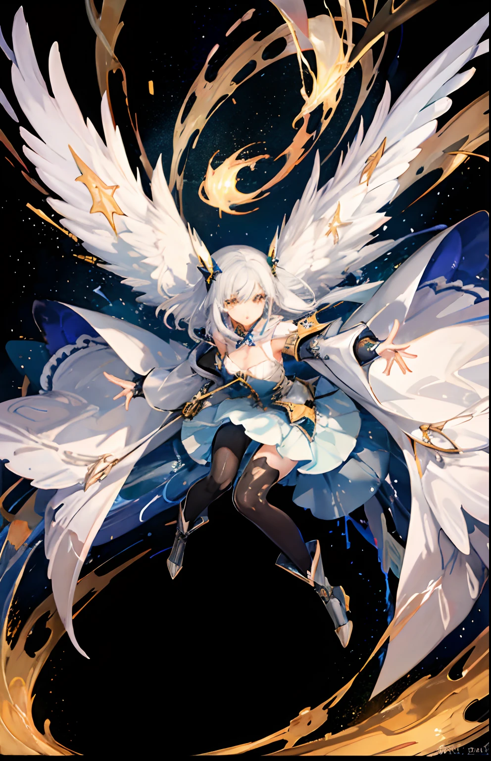 ((magical girl)), ((Gorgeous starry sky background)), ((ultra-definition)), ((Best Illustration)), ((cinematlic lighting)), dynamic ungle, floating, Filigree,((Mechanical armor of the upper arm subordinate、Mechanical armor below the thigh))、 (Glitter:1.2 )、(brilliance:1.2)、(brilliance:1.2)、Classic、(painted:1.1)、(Sketched:1.1)、(top-quality)、(masterpiece:1.2)、(Anime style)、(独奏)、Beautiful Detail Face、(cute face:1.3)、(big eye:1.3)、Colorful hair with gold base、(length hair:1.2)、(Floating hair:1.2)、(Magical Girl Costumes)、detailed costume、(Shining wand:1.3)、(Magic Effects:1.3)、(flowing skirt:1.2)、(Cute boots:1.1)、(Transparent substrate:1.1)、(shimmer:1.2)、(Glow:1.2)、(brilliance:1.2)、(flickering:1.2) , (Glare:1.2)、