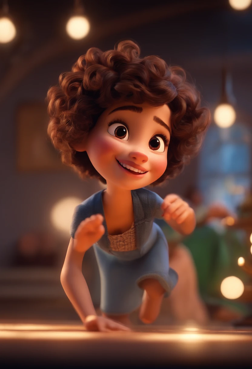 Pixar style image with 4 character 3D white glasses brunette woman short curly hair dancing, 3 filhas, Maquiagem Disney,Pescador, bonitinho, sorridente ,Close-up, Pixar, Disney, Cinema lighting,