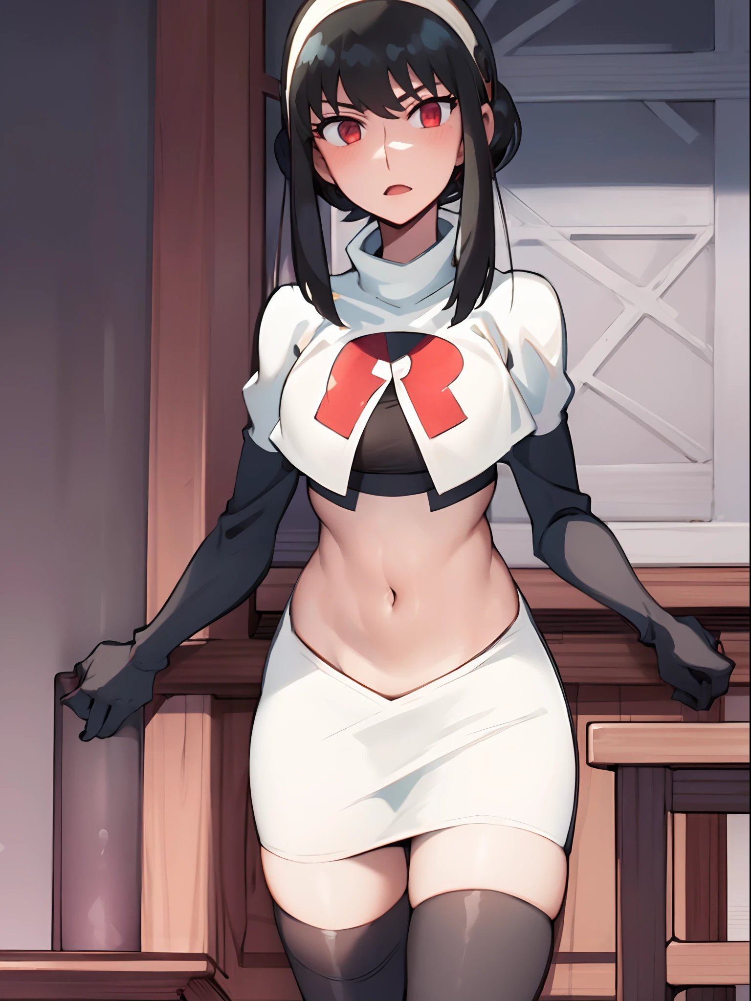 yor, 1girl, black hair, red eyes, black hair, short hair, short hair with long locks, bangs, sidelocks, white hairband,team rocket,team rocket uniform,white skirt,crop top,black thigh-highs,black elbow gloves,