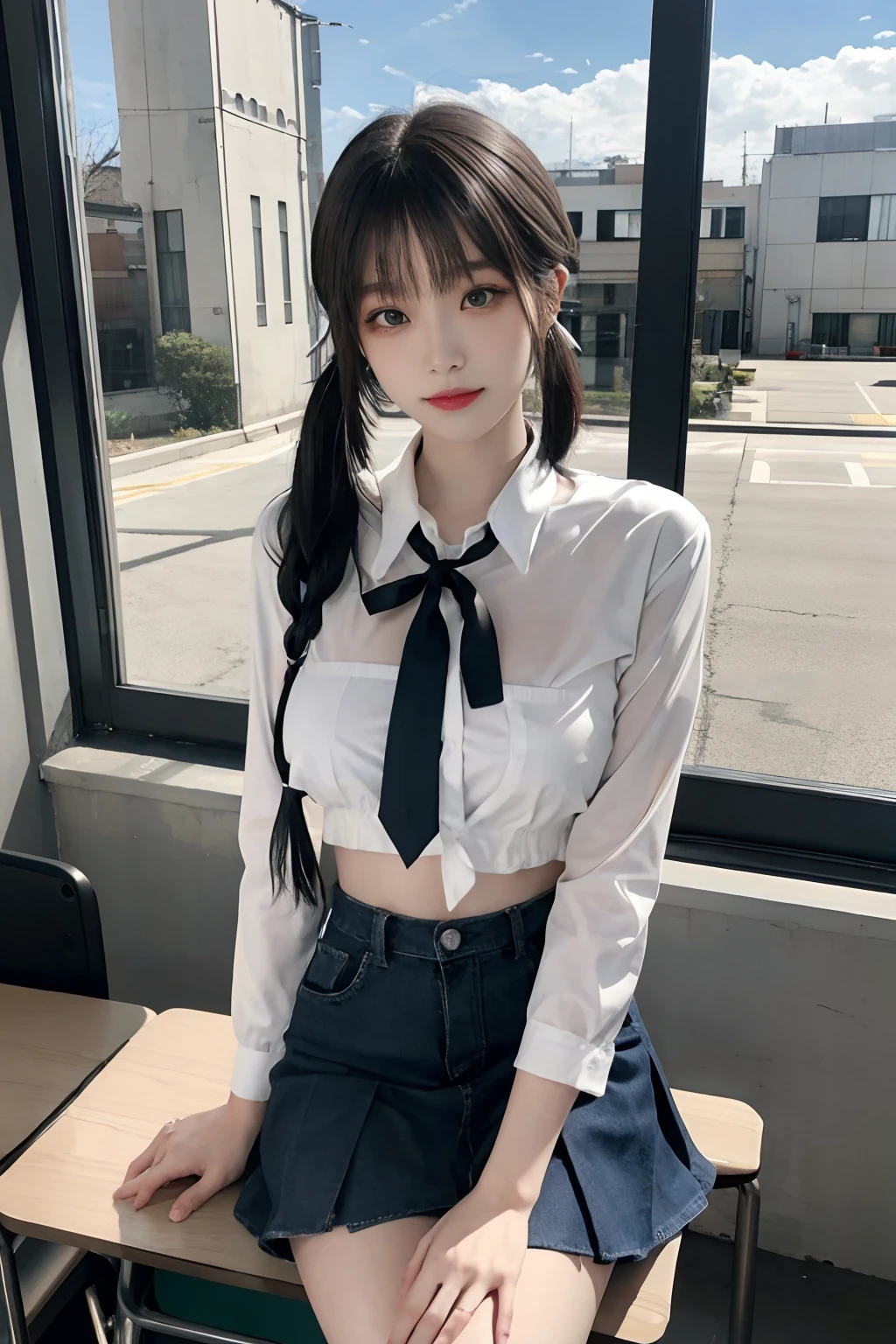 1girl, slim and slender korean kpop idol / model ,23 years old,soft body, fair skin,close-up, 8k, RAW photo, best quality, masterpiece,realistic, photo-realistic,cute, miniskirt , earrings, artistic , High image quality, full body,  ribbon tie , garter , beret hat