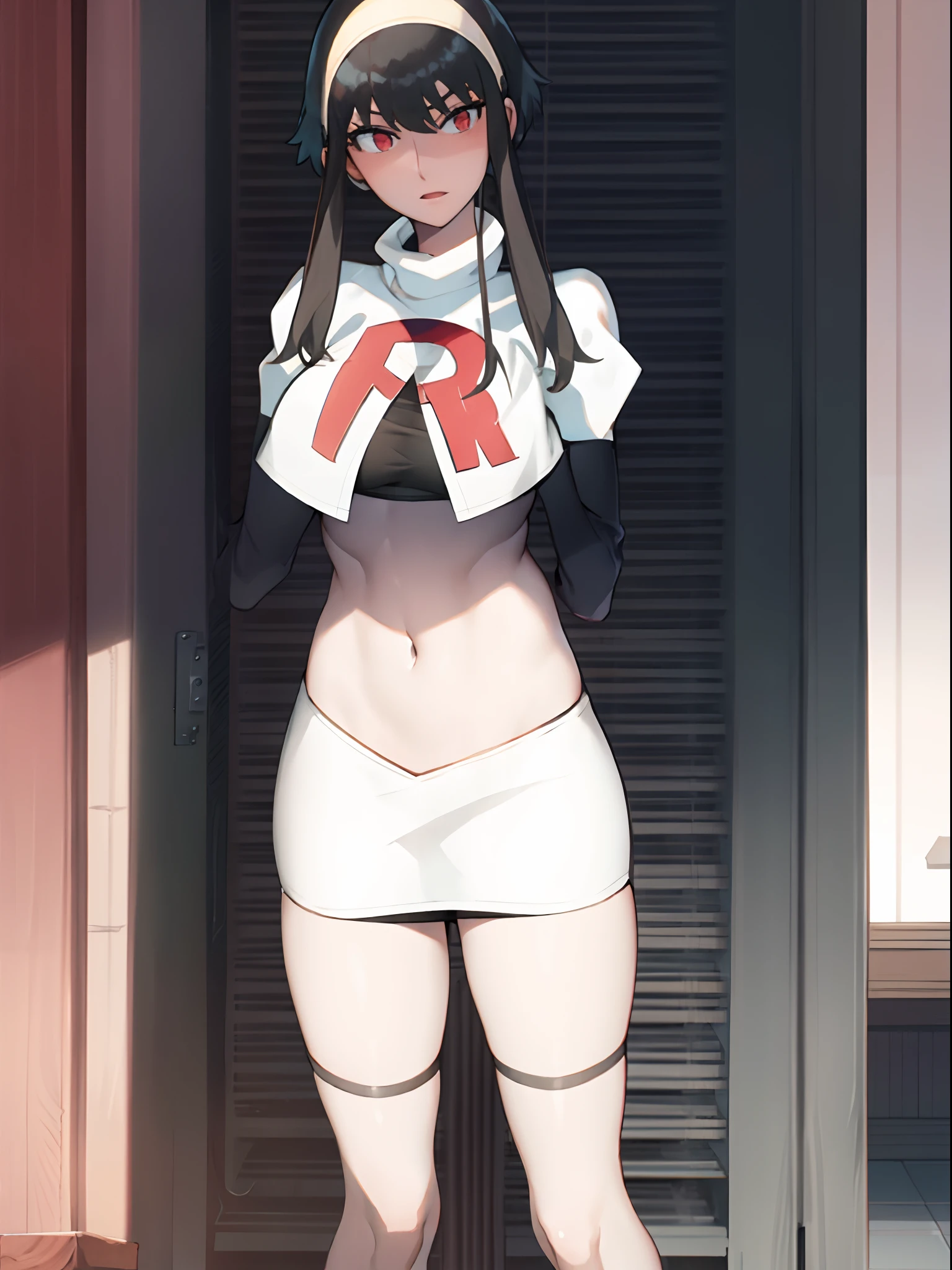 yor, 1girl, black hair, red eyes, black hair, short hair, short hair with long locks, bangs, sidelocks, white hairband,team rocket,team rocket uniform,white skirt,crop top,black thigh-highs,black elbow gloves,