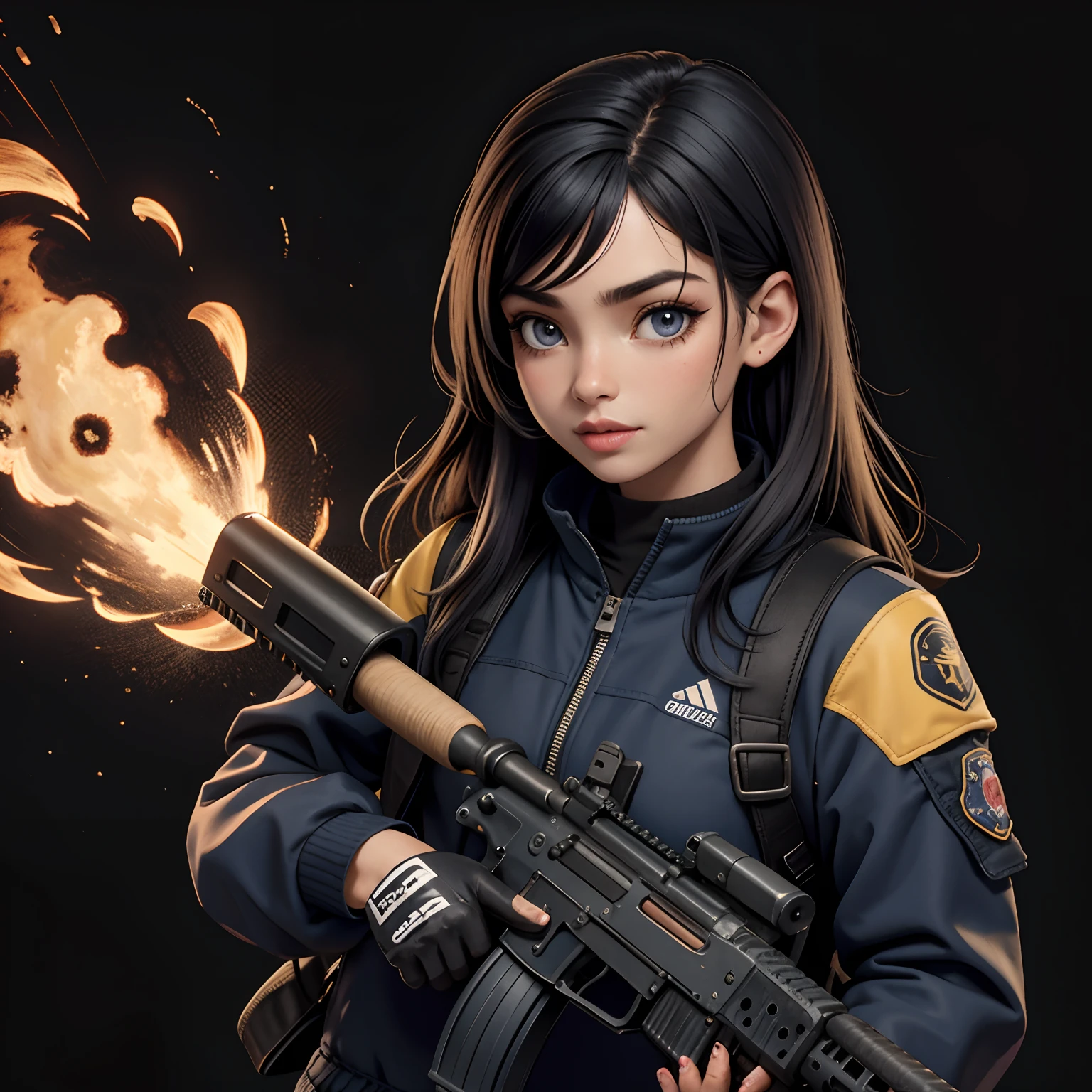 /imagine , master part, best quality, high resolution, 1girl, sozinho, preto_cabelo e fogo , azul_olhos Nein fogo, Pele e rosto detalhados, suit jacket, segurando arma, AK-47, assault rifle pegando fogo , Fuzil Kalashnikov, gatilho_disciplina, Pouco pronto