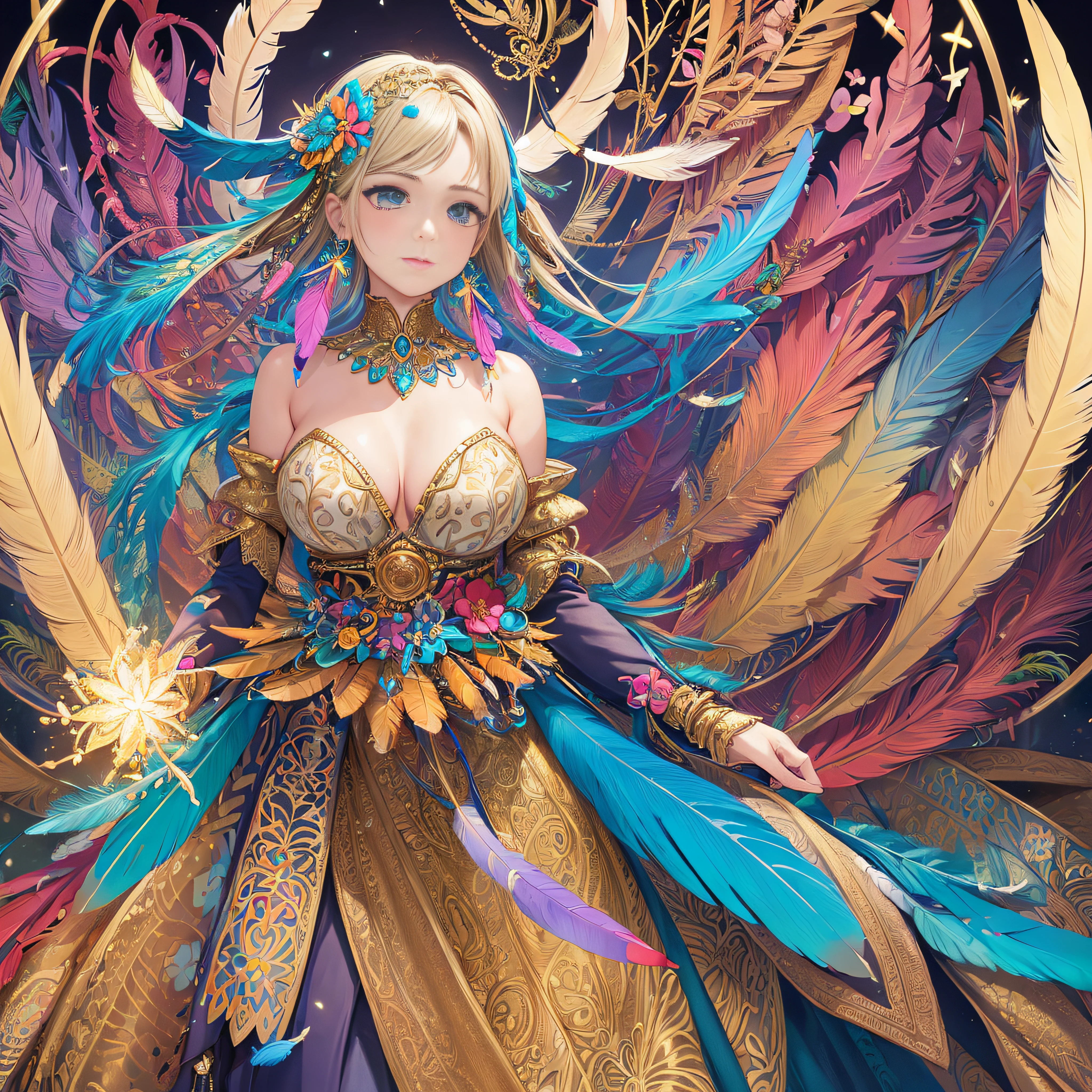 girl with, Big breasts, Bare shoulders, Blonde hair, colorful feather, metal ornaments, Colorful flowers, Particle, light, (masutepiece, of the highest quality, Best Quality, Official art, Beautiful and aesthetic:1.2), (1girl in:1.3), Extremely detailed, (Fractal Art:1.1), ( Colorful:1.1)(Flowers:1.3),highest details,(Zentangle:1.2), (Dynamic Pose), (Abstract background:1.3), (Shiny skin), (Many colors:1.4), (earrings:1.4), (Feathers:1.4), Full body image