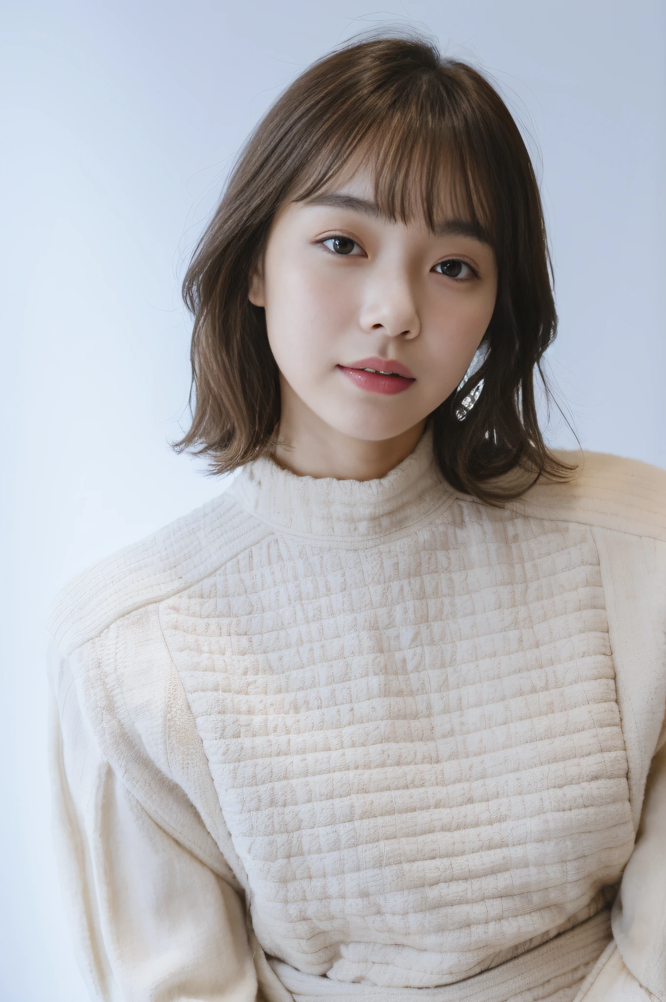 ((​masterpiece、top-quality、high-detail))、Upright landscape：1.2、Full Body Female 1.2,((dark brown hair、Model body type：1.2))、Standing leaning against the wall、Oversized knitwear,((Clear pure white skin)),((Korean actress,韓国アイドル,Korean Girl)),Beautuful Women,女の子1人、(Photorealsitic:1.4)、独奏、White background、with a pure white background、closes mouth、Happy smile,Smile happily、pretty black hair、Shorthair、big eye、Distinct double eyelids、Lashes、Put your ears out、long neck、Absolute area、skirt by the、(Cap、Draw all the shoulders)、age19、Attractive proportions、glowy skin、Clean collarbone、The face of the golden ratio、face perfect、Tear mole、Mole on the chest、bangss、Clean bangs、lipgloss、thin lipss、White-colored skin,