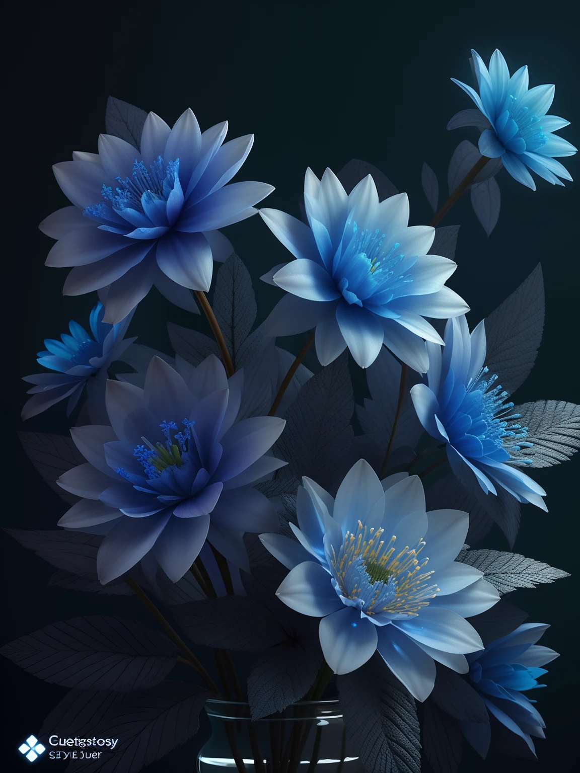 There are a lot of blue flowers in the vase on the table, blue realistic 3 d render, Blue flowers, dark flowers, Glowing flowers, 🌺 CGSesociety, Luminous flowers, Magical flowers, Dark blue tones, blue tint, gorgeous 3d render, beautiful composition 3 - d 4 k, blue flowers accents, blue - petals, soft 3d render,Frozen flowers,ice flower,shine,bright,Ice flowers that glow blue,Ice flowers that glow blue,Ice flowers that glow blue