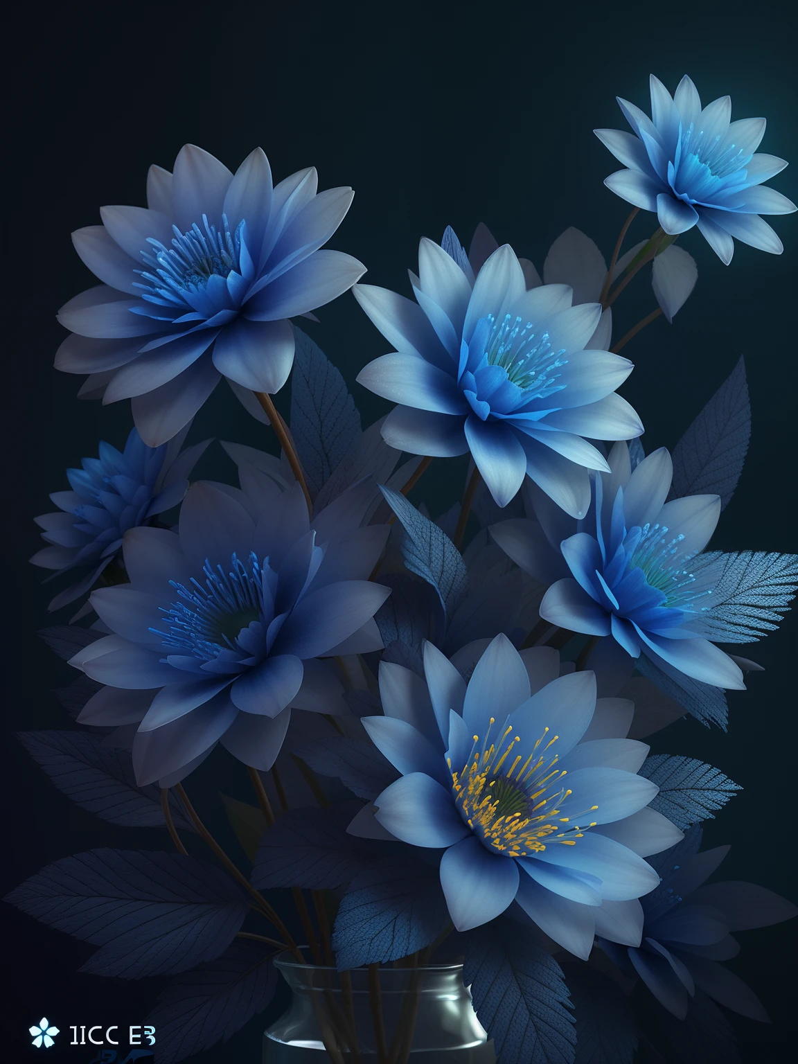 There are a lot of blue flowers in the vase on the table, blue realistic 3 d render, Blue flowers, dark flowers, Glowing flowers, 🌺 CGSesociety, Luminous flowers, Magical flowers, Dark blue tones, blue tint, gorgeous 3d render, beautiful composition 3 - d 4 k, blue flowers accents, blue - petals, soft 3d render，Frozen flowers，ice flower，shine，bright，Ice flowers that glow blue，Ice flowers that glow blue，Ice flowers that glow blue