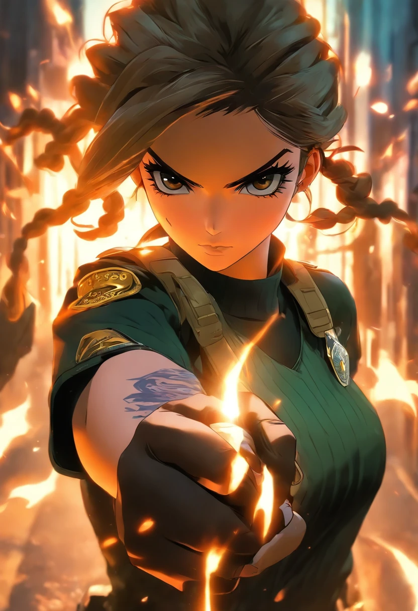 (best quality, Realistic:1.37), There's a woman in police uniform holding a knife, pigtail, cabelos longos brancos; , Ranger Feminino, profundidade de campo, master part, best quality, 1girl, cabelos brancos, olhos castanhos, cabelos longos,, estilo de jogo de rpg, gta v estilo, Rosto detalhado, Olhos sedutores, captivating expression, atmosfera escura, dramatic lighting, cores intensas, smoky background