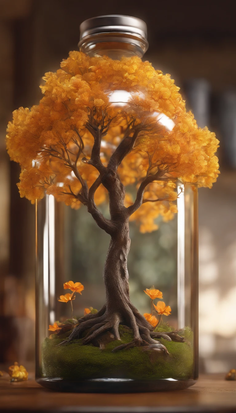 A dreamy art tree in a bottle, fluffy, realistic, photographic, classic, dreamy, artistic, splendid leaves and branches with flowers above its head. Greg Rutkowski's Ultra Detailed Photo Realism - H1024W 804 | F16 Lens Markers 2:2 S 35555 mm Film Particles: 1 Realistic High Resolution Sharp Focus Contrast! Unreal Engine 5's cinematic concept The intricate and detailed atmospheric refractive lighting in Octane, a cinematographic masterpiece, presents the trend of CGSociety