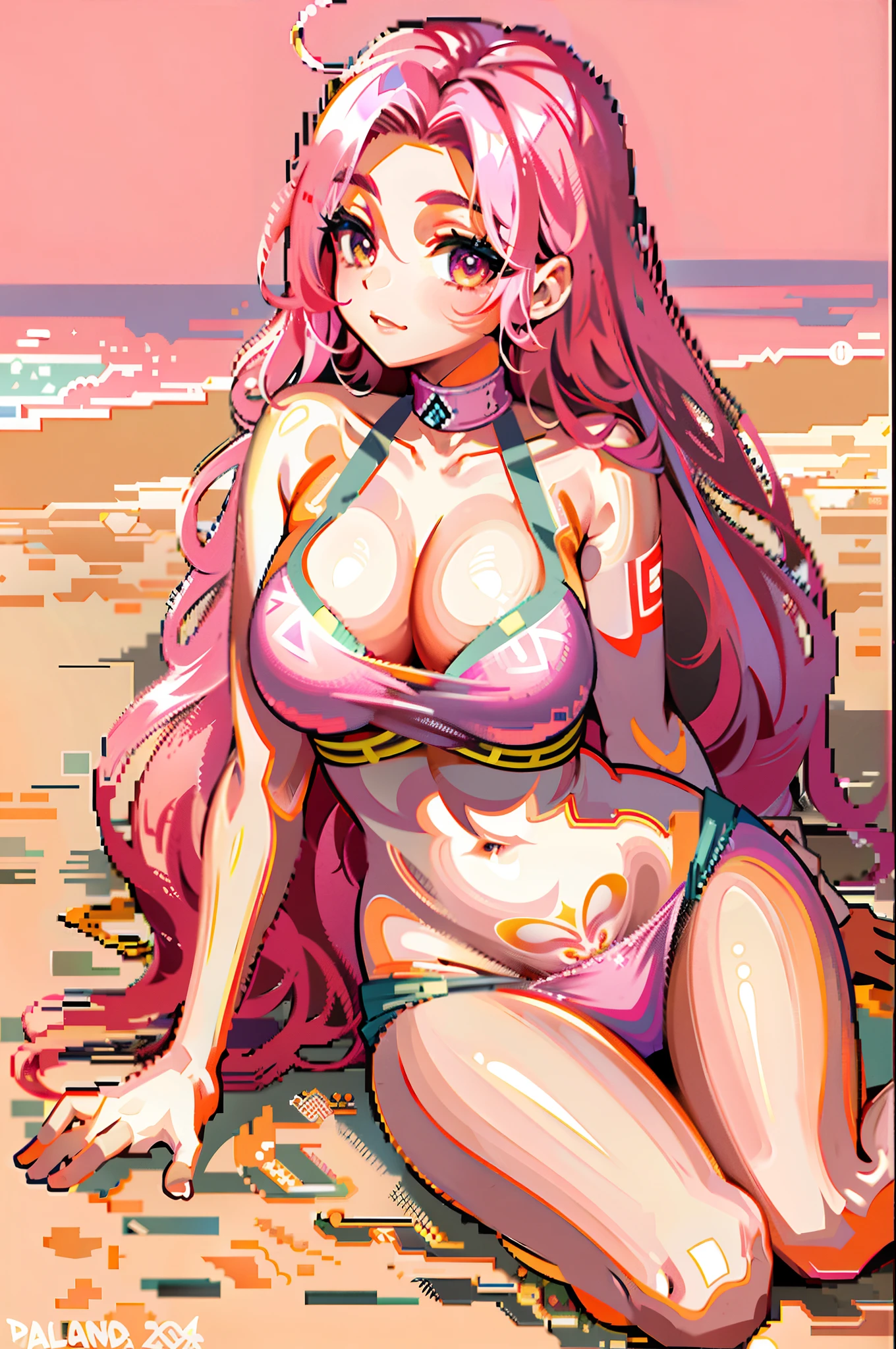 (巨作, Top quality, Best quality), ((pixels,Pixel art)),1girl huge large breasts,Pink Long Hair,laying on sand,the setting sun,Bikini swimsuit,Pubic tattoos,Small breasts,being thin