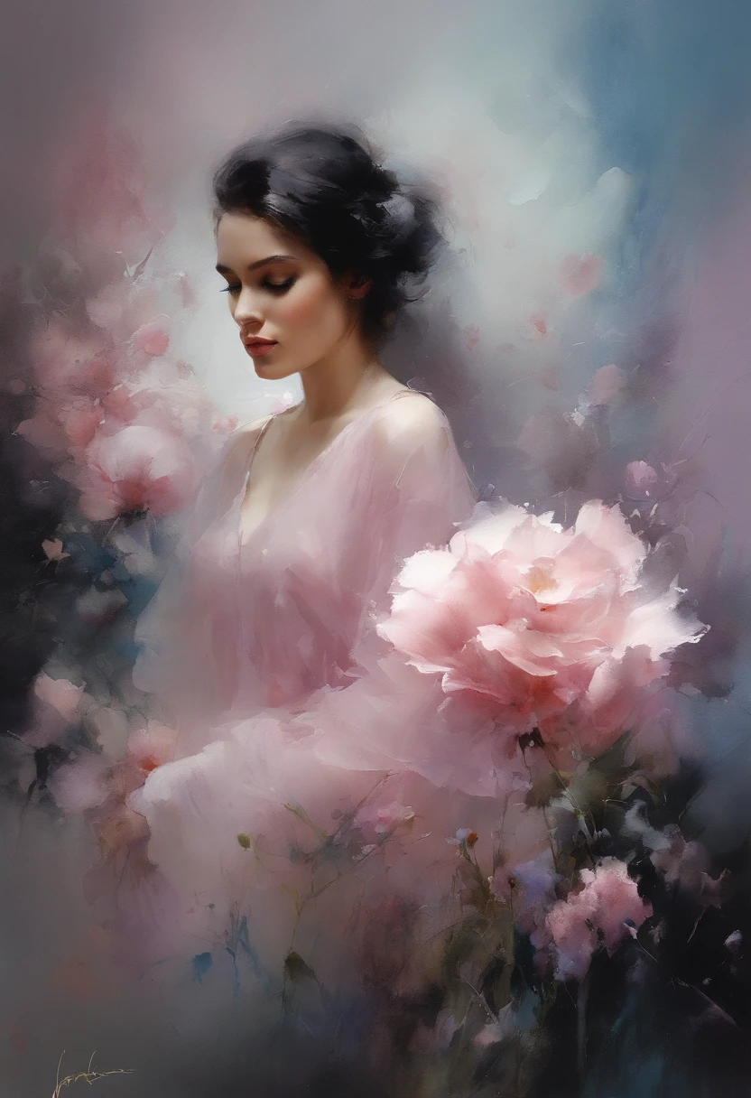 1girl,flower, Lisianthus ,in the style of light pink and light azure, dreamy and romantic compositions, pale pink, ethereal foliage, playful arrangements,fantasy, high contrast, ink strokes, explosions, over exposure, purple and red tone impression , abstract, ((watercolor painting by John Berkey and Jeremy Mann )) brush strokes, negative space,