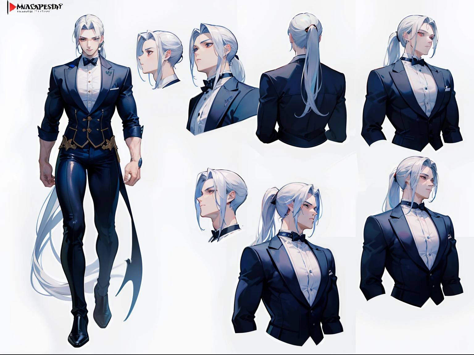 ((Masterpiece, Highest quality)), Male, boy, Detailed face, character design sheet, full bodyesbian, Full of details, frontal body view, back body view, Highly detailed, Depth, Many parts, Muscle boy with ponytail long white hair,handsome man, muscle body, vampire outfit clothes, man tall,