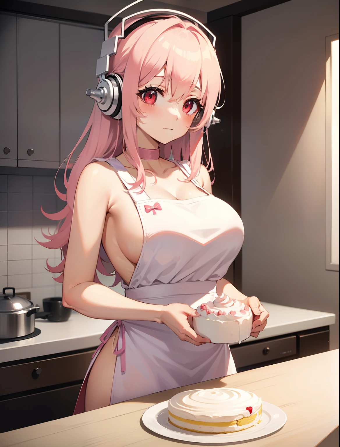 (1girl), Super Sonico enjoying baking cakes in the kitchen with pink and white walls, with her red eyes shining and headphones on, decorating cakes with a white apron in a short and tight pink dress, whip cream on herself, big breasts, 1girl, solo, masterpiece, high quality