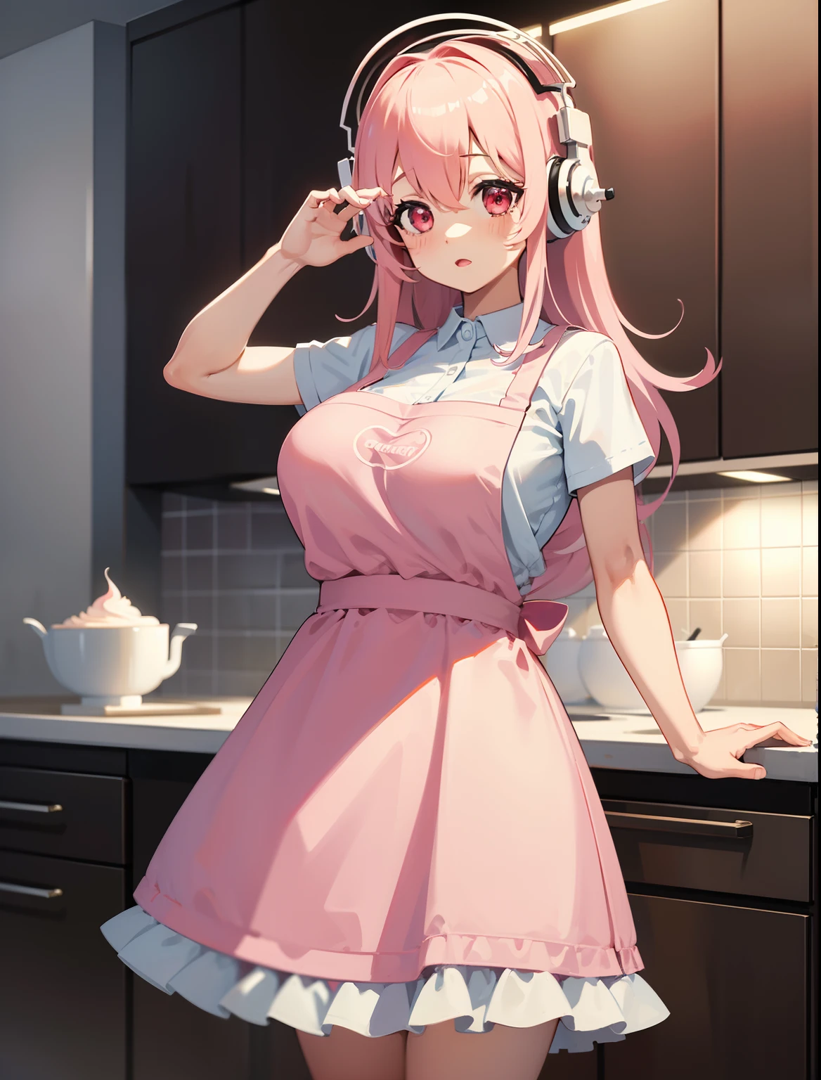 (1girl), Super Sonico enjoying baking cakes in the kitchen with pink and white walls, with her red eyes shining and headphones on, decorating cakes with a white apron in a short and tight pink dress, whip cream on herself, big breasts, 1girl, solo, masterpiece, high quality