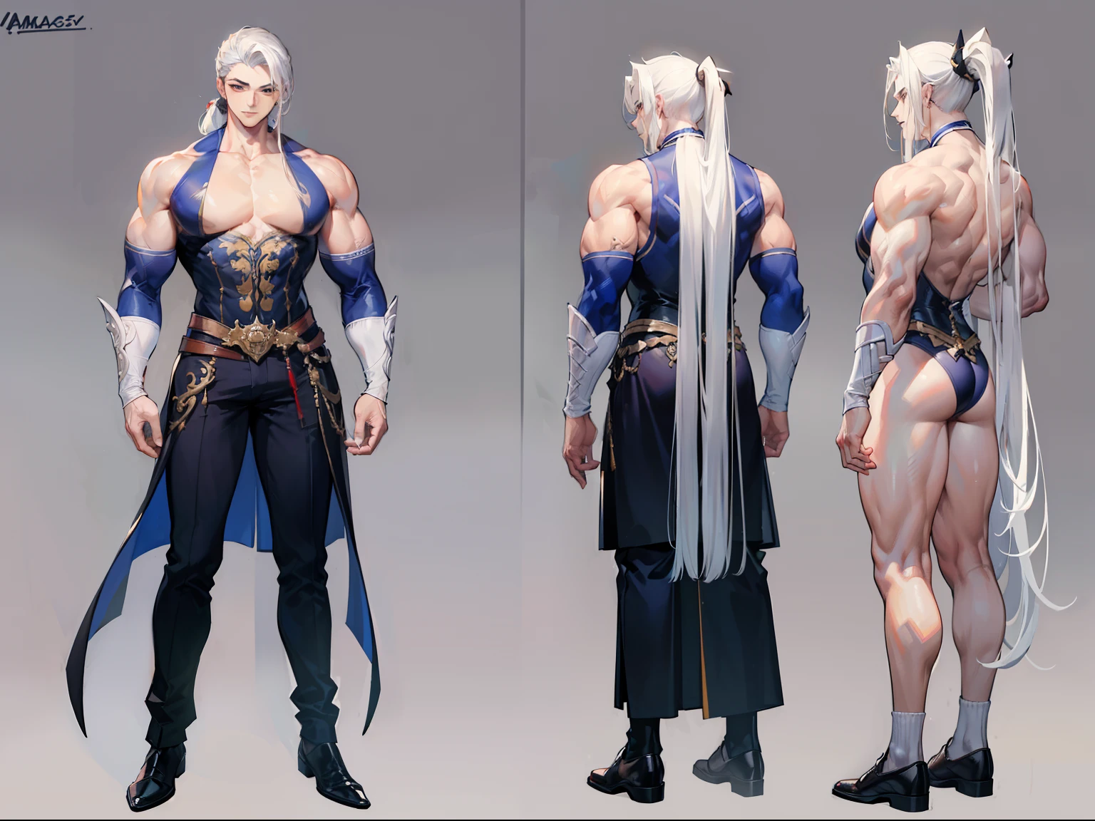 ((Masterpiece, Highest quality)), Male, boy, Detailed face, character design sheet, full bodyesbian, Full of details, frontal body view, back body view, Highly detailed, Depth, Many parts, Muscle boy with ponytail long white hair,handsome man, muscle body, vampire outfit clothes, man tall,